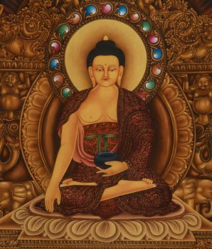 Peaceful Shakyamuni Buddha Thangka | Seated on His Majestic Throne