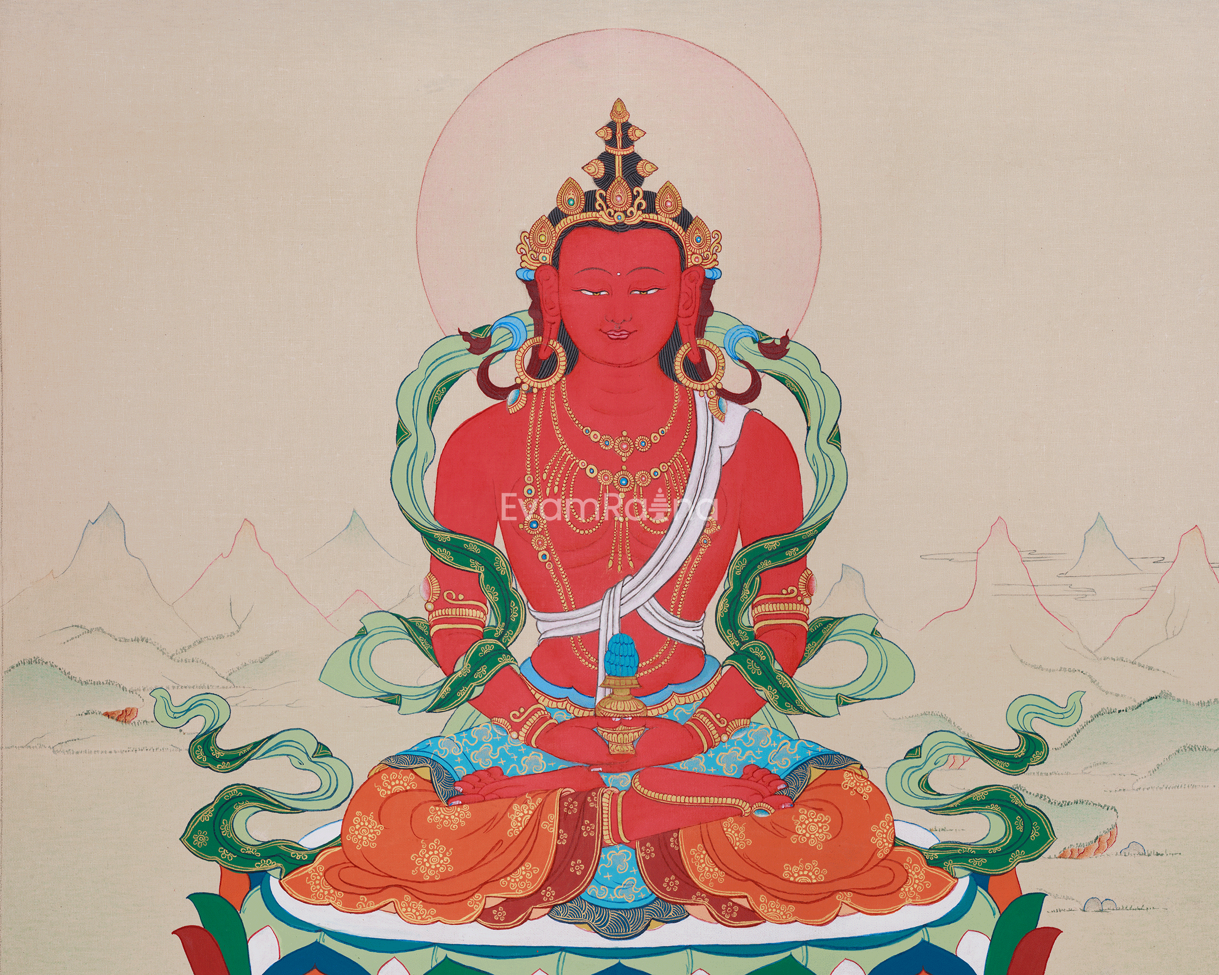 Original Thangka of Amitayus, Buddha of Infinite Light | Holding the Vase of Nectar