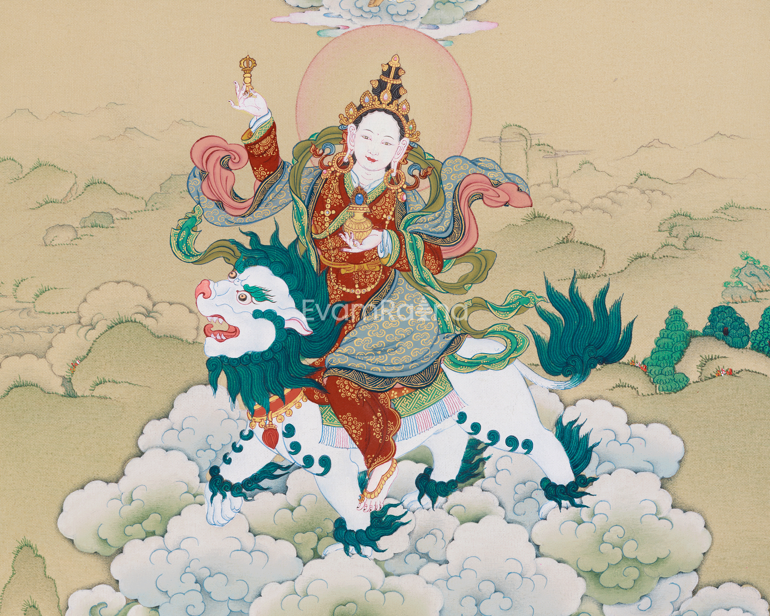 Tsheringma Thangka Painting | Goddess of Longevity with Jetsun Milarepa