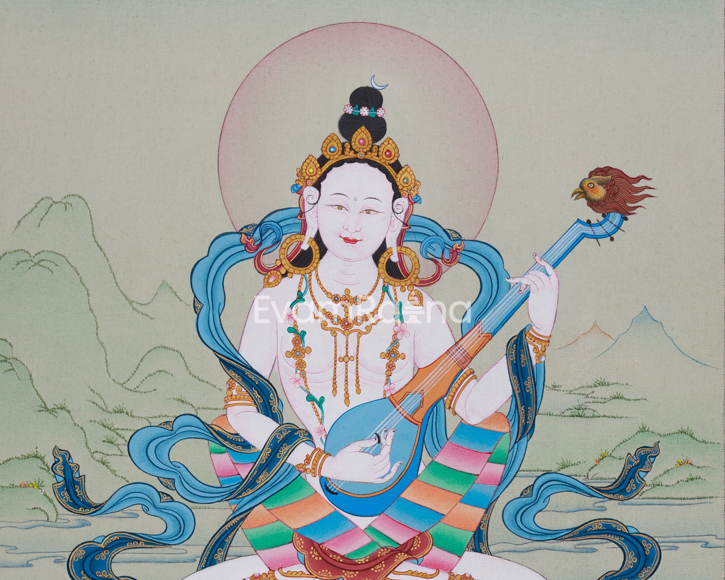 13-Inch Saraswati Thangka | Hand-Painted Goddess of Wisdom and Arts