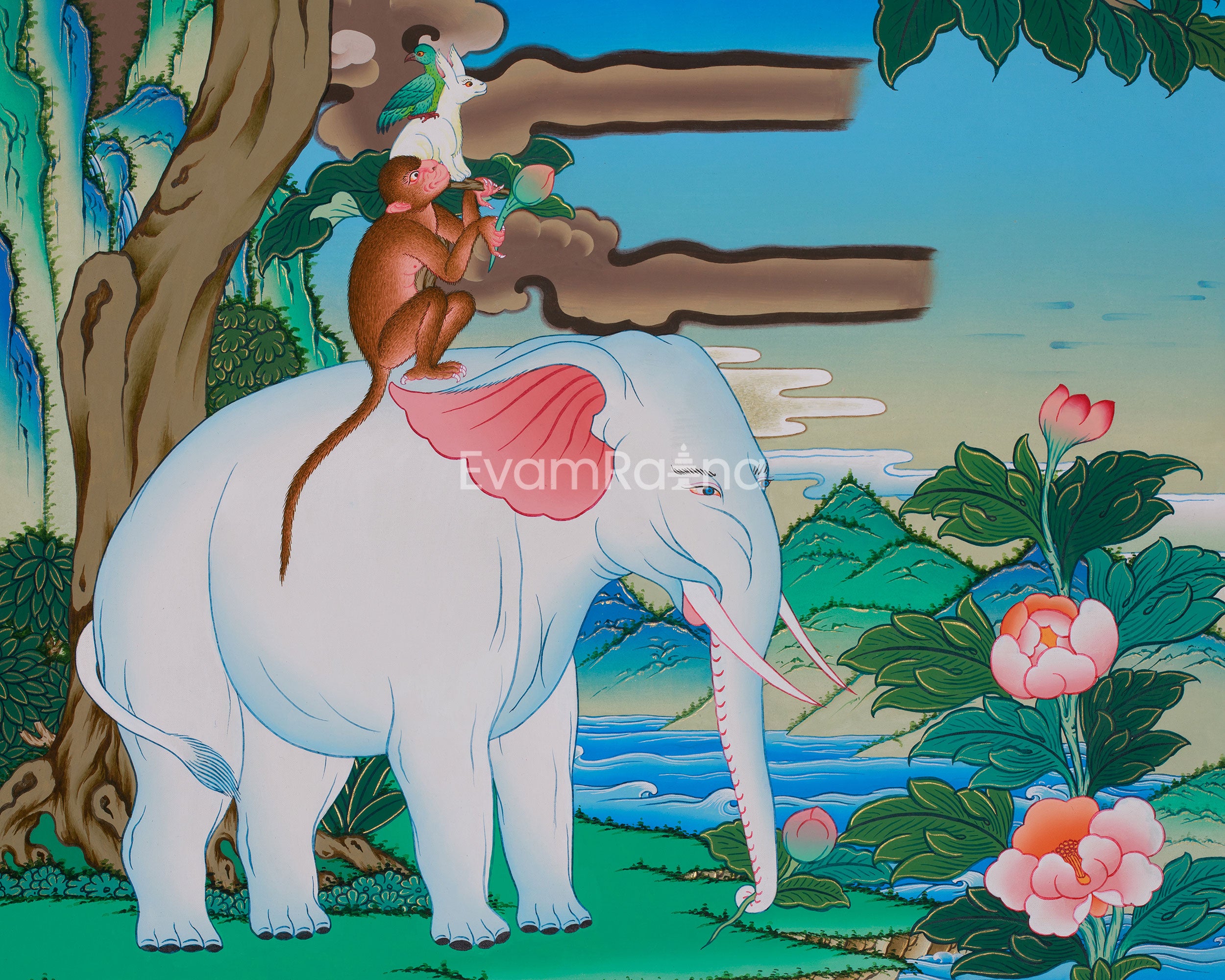 4 Harmonious Friends Painting | Depicting the Four Divine Creatures of Tibetan Buddhism