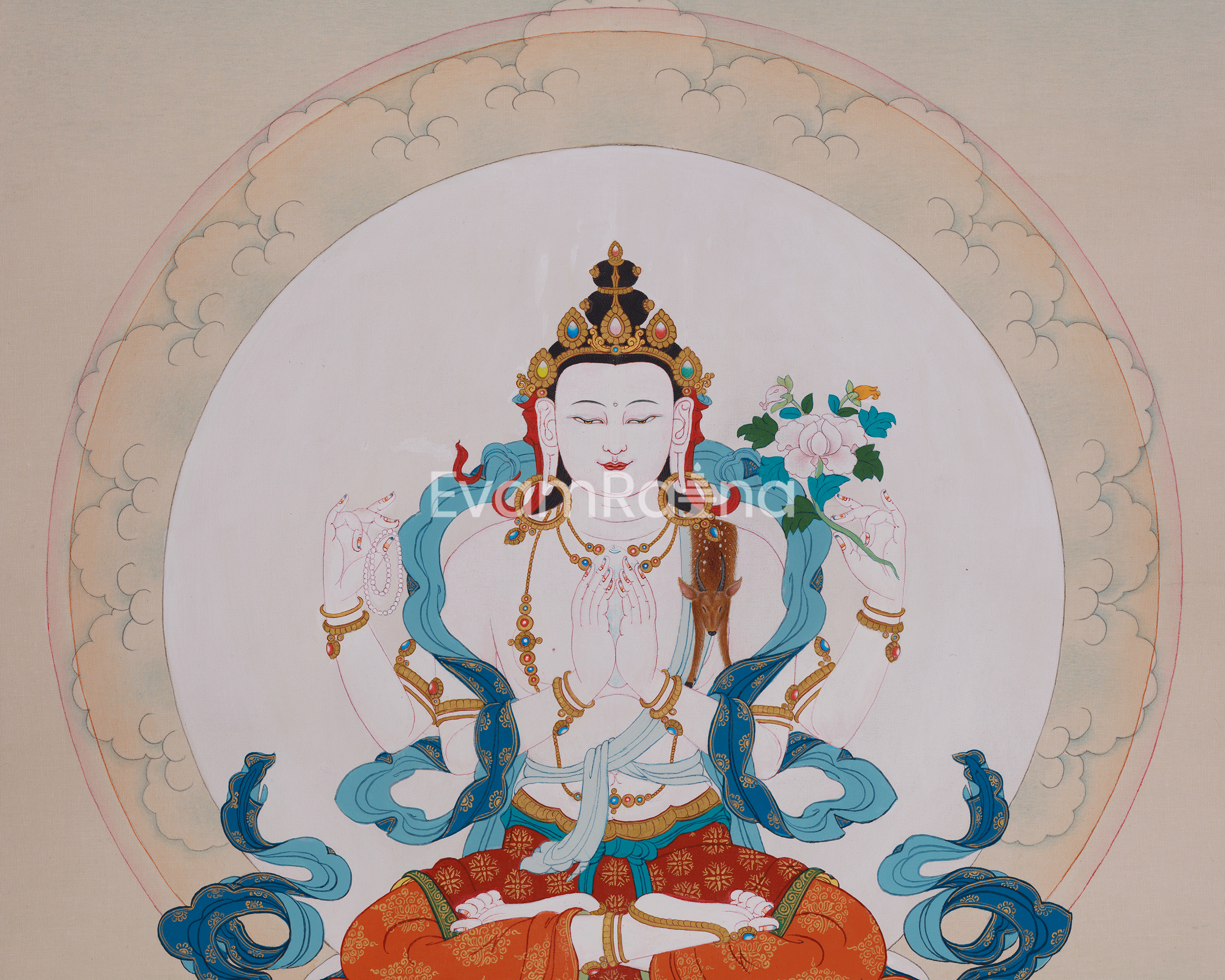 Four-Armed Chenrezig Sacred Thangka | Avalokiteshvara Art | Meditation & Spiritual Altar