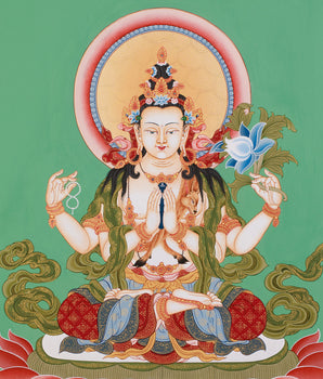 Hand-Painted Four-Armed Chenrezig | Bodhisattva of Compassion on Green Canvas