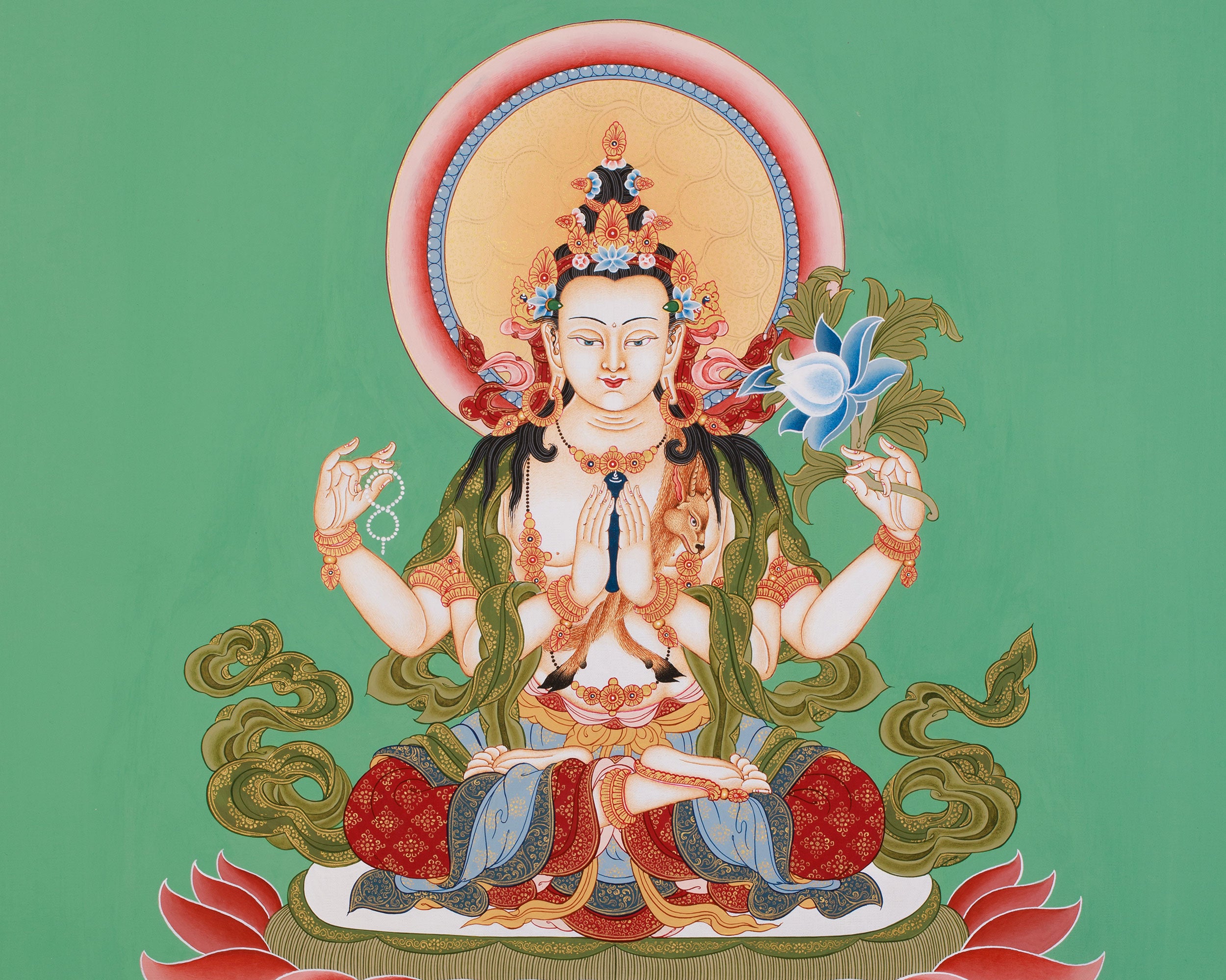 Hand-Painted Four-Armed Chenrezig | Bodhisattva of Compassion on Green Canvas