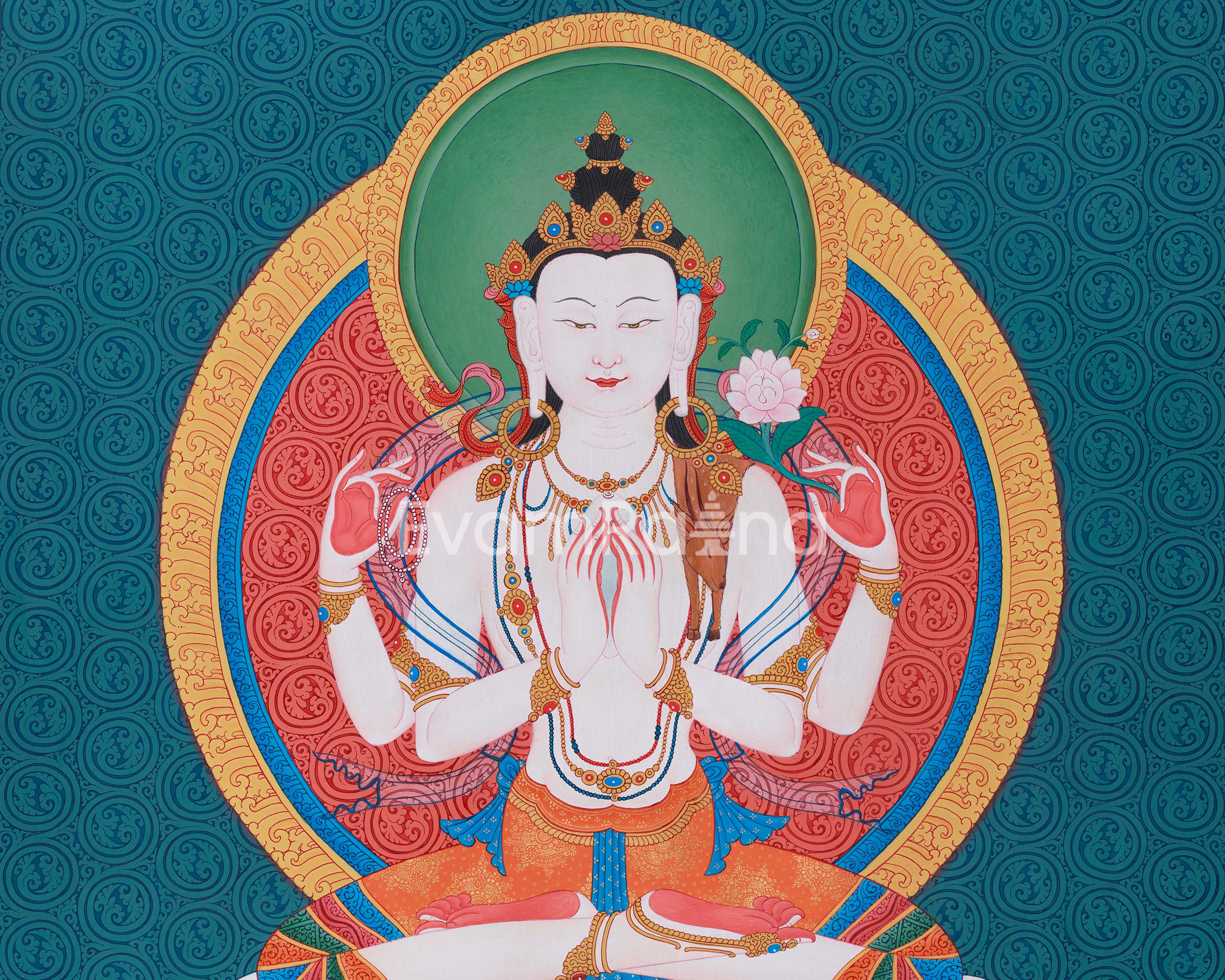 Tibetan Chenrezig Artwork | Hand-Painted Thangka of the Compassionate Bodhisattva