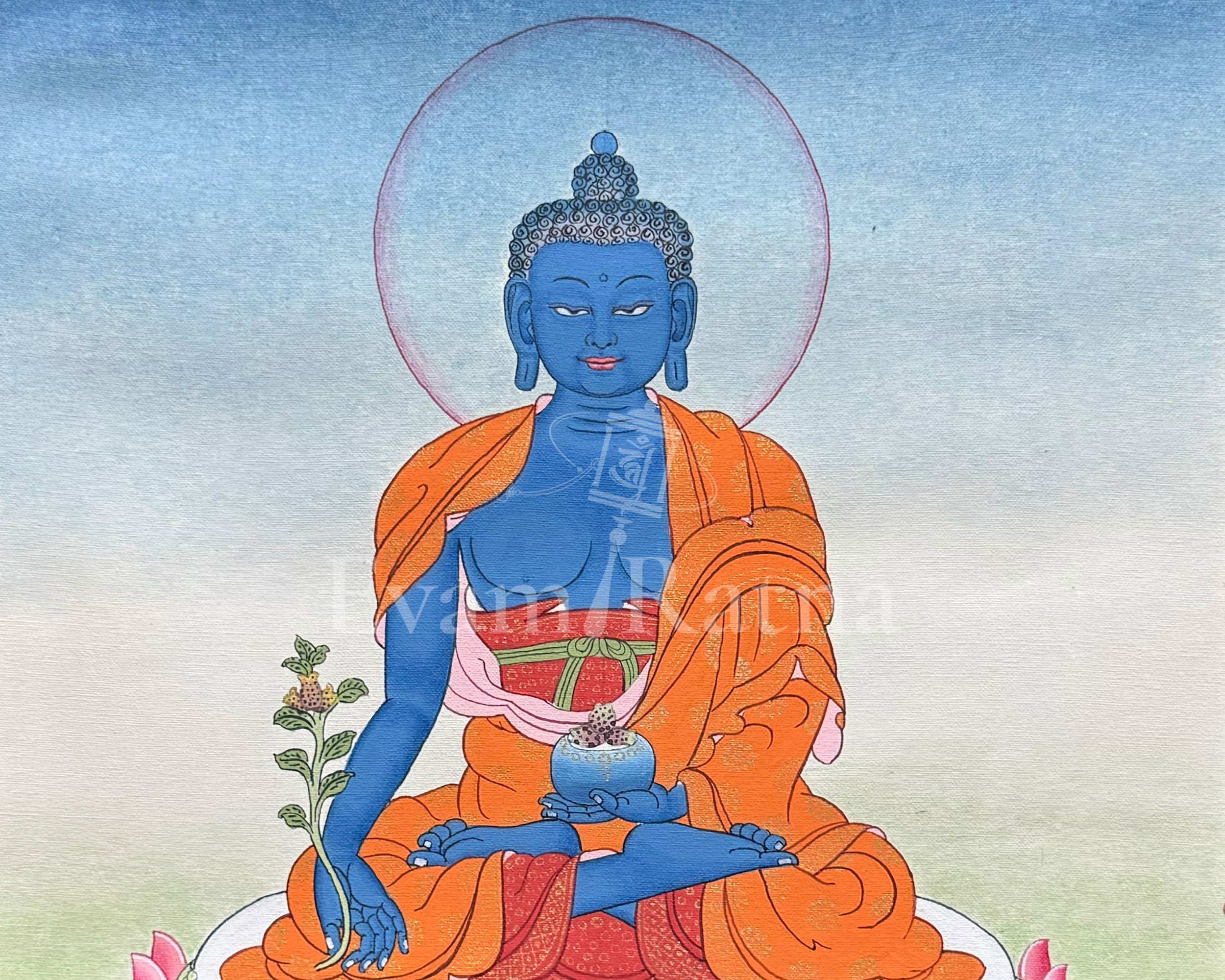 Medicine Buddha Meditation Thangka With Brocade | Bhaisajyaguru Art