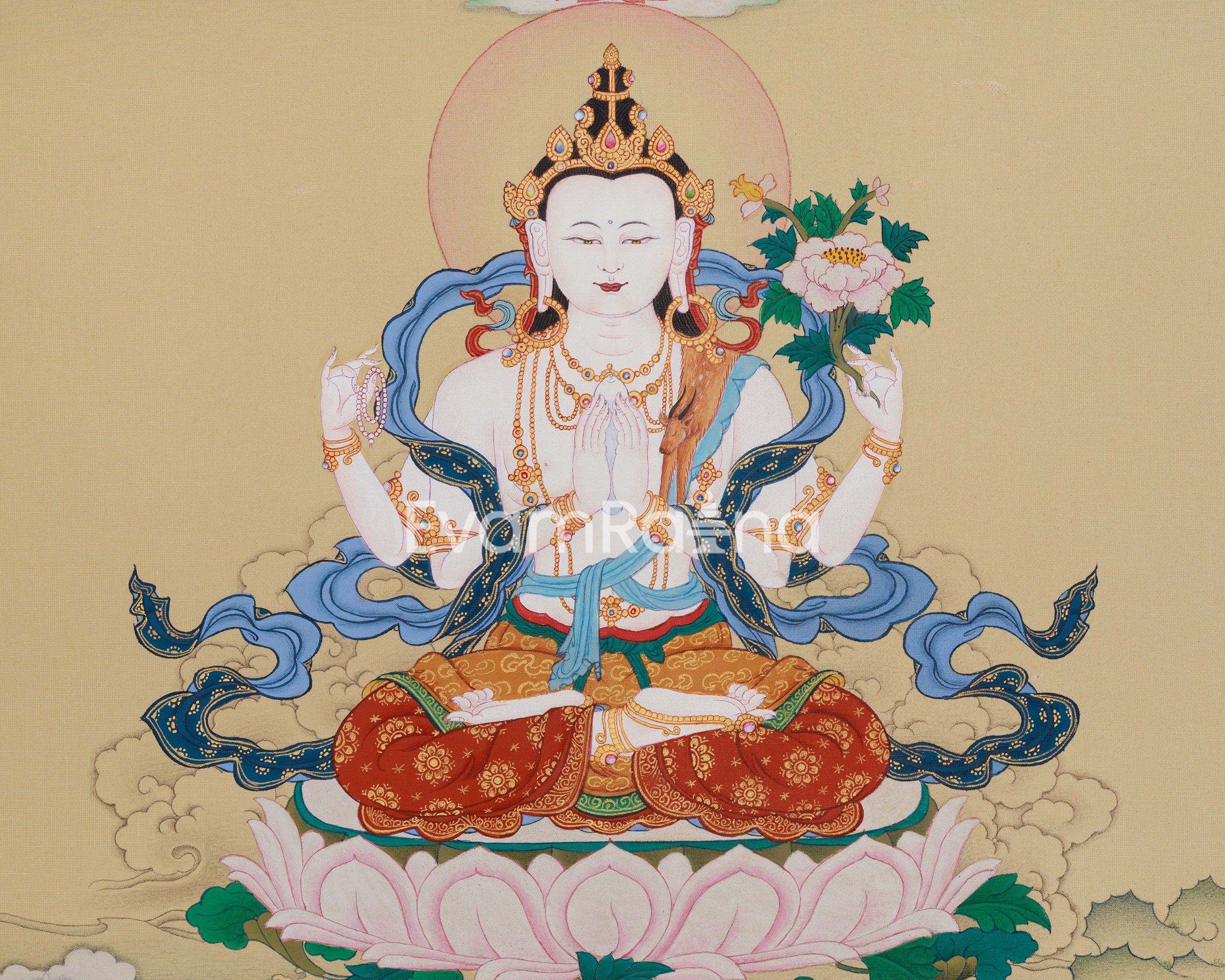 Traditional Thangka of Chenrezig with Amitabha Buddha | The Compassionate and Enlightened Beings