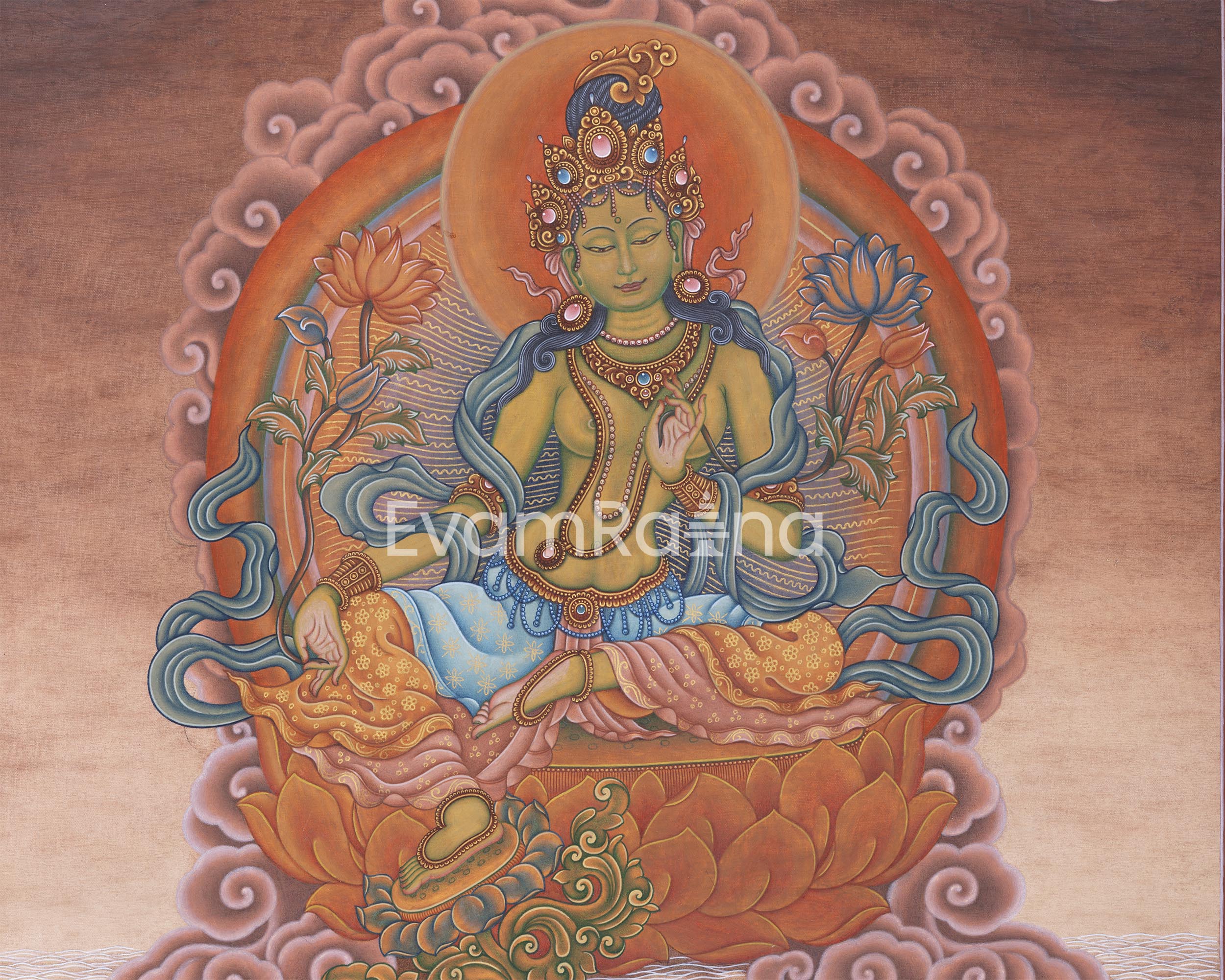 High-Quality Pauba Art For Green Tara Altar | Traditional Nepali Canvas Print For Wall Hanging
