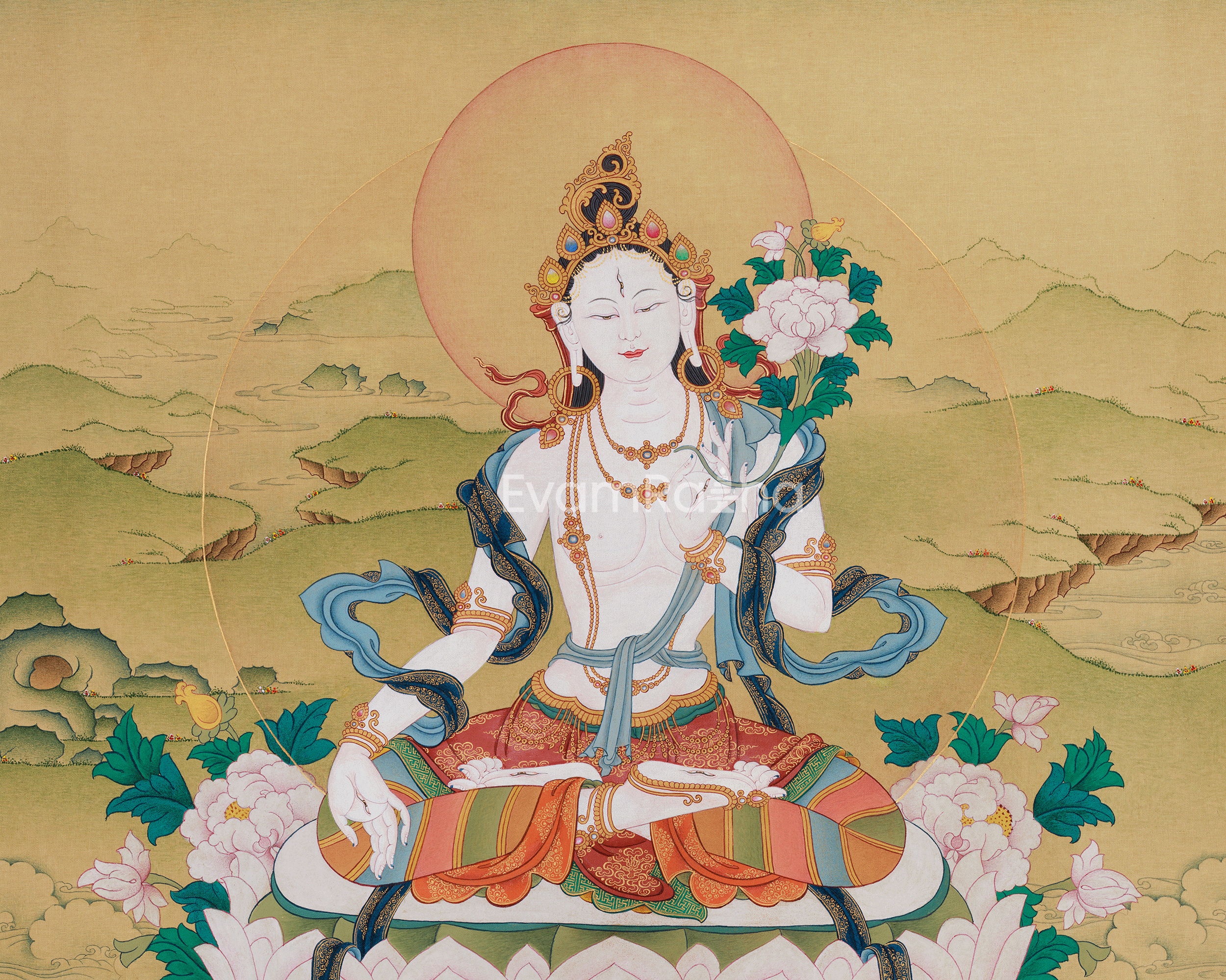 Female Buddhist Goddess White Tara Thangka | Longevity, Healing & Compassion
