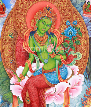 Green Tara Spiritual Thangka | Goddess of Healing | Hand-Painted Meditation Art