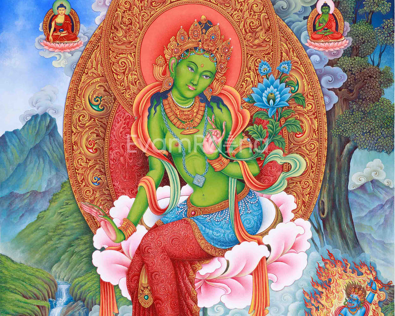 Green Tara Spiritual Thangka | Goddess of Healing | Hand-Painted Meditation Art