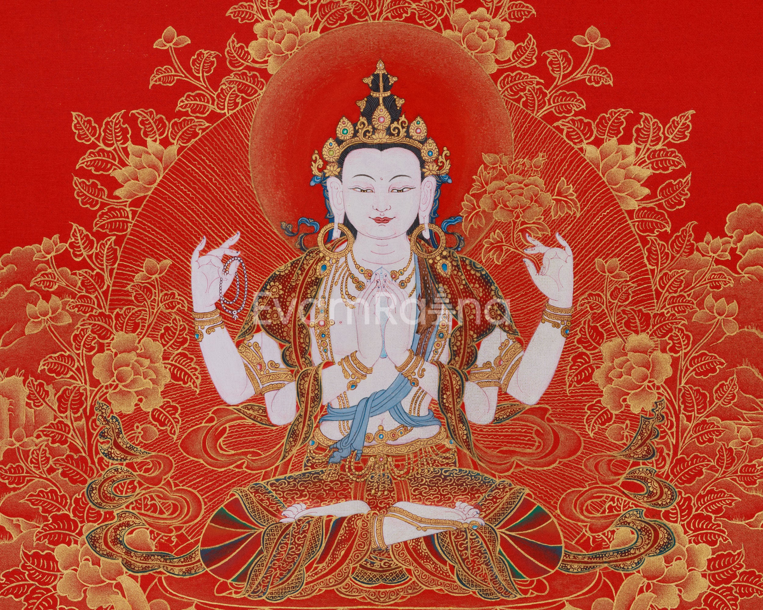 Golden Grace on Red, 4 Arms Avalokiteshvara Thangka, Deity of Compassion