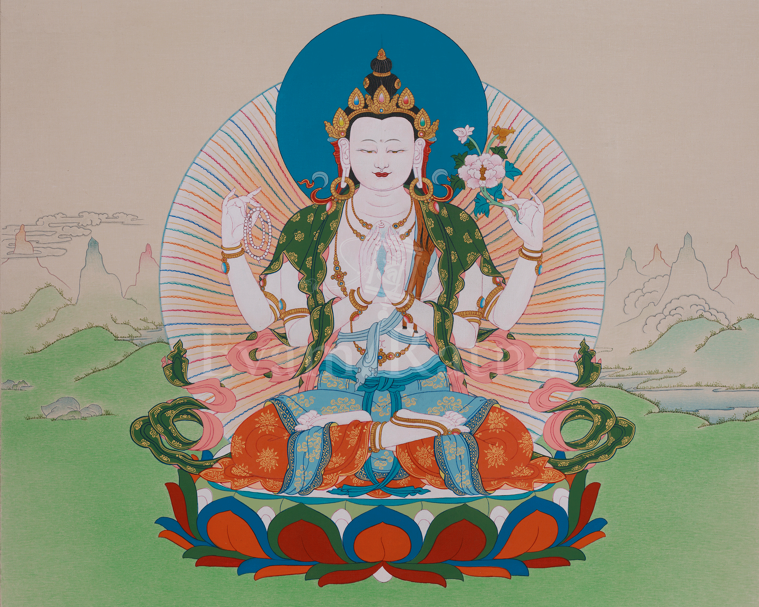 Buddhist Four-Armed Chenrezig Thangka | Symbolizing Compassion, Mercy, and Protection