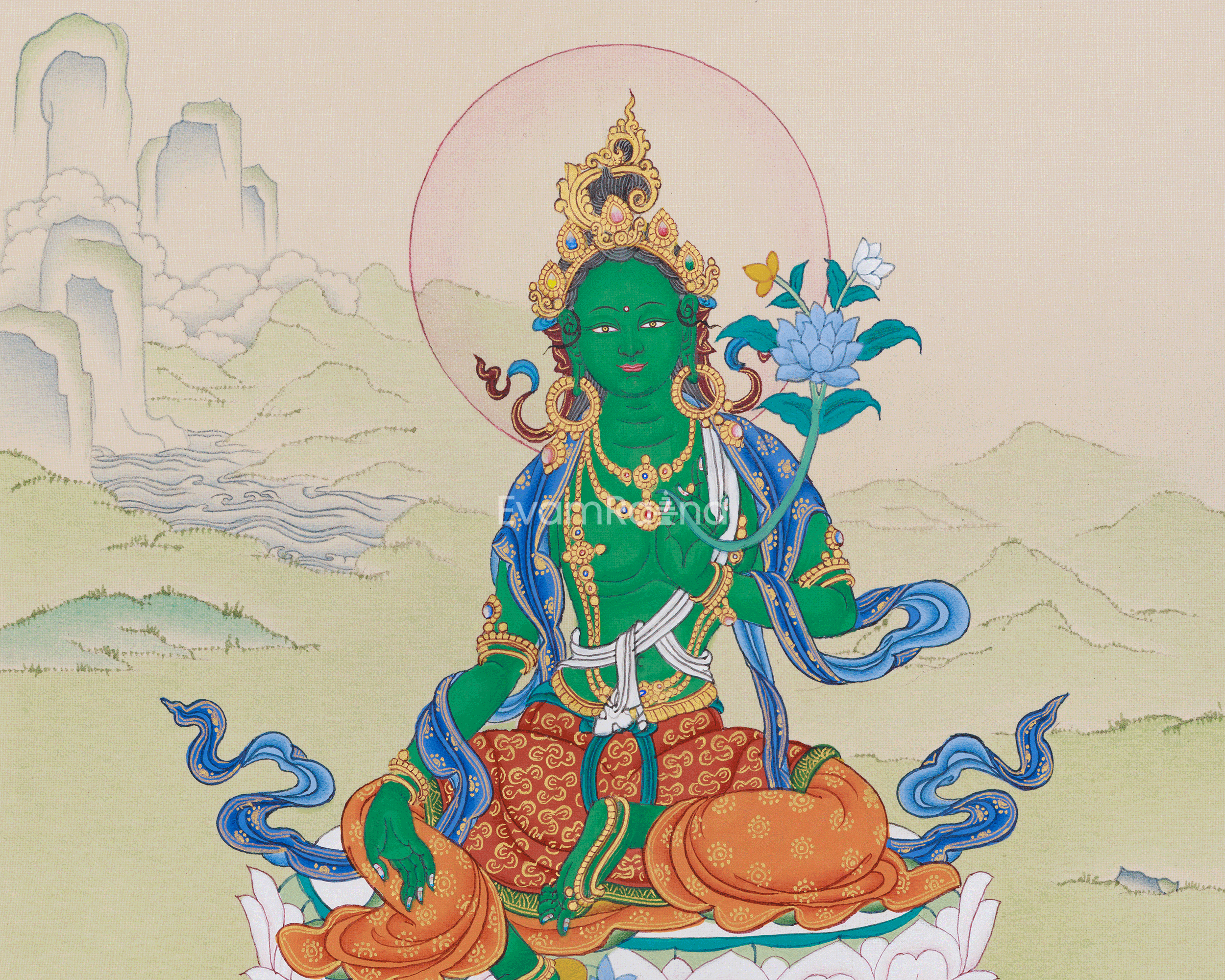 Original Handmade Green Tara Painting | Goddess of Compassion and Swift Blessings