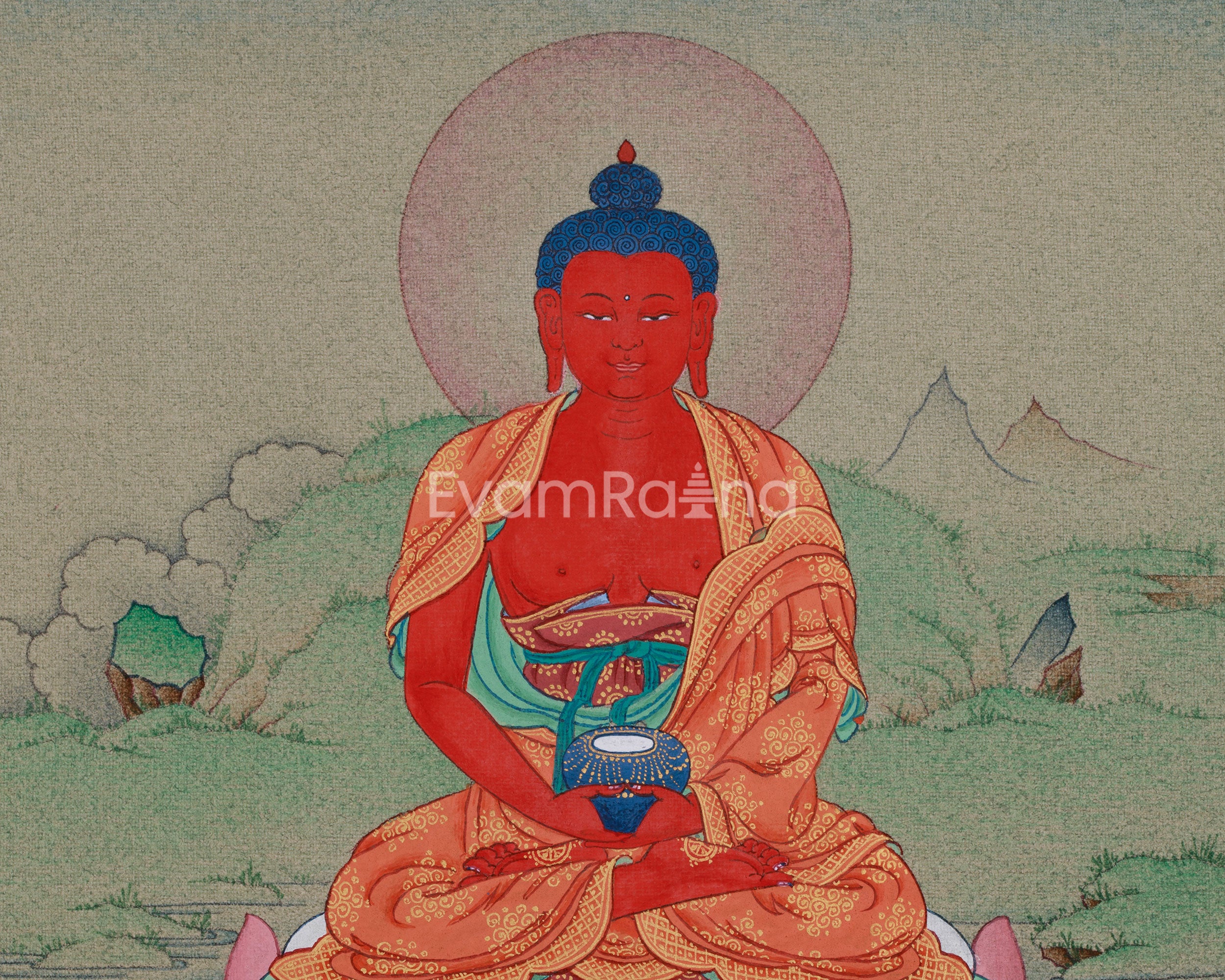 Ruby Red Amitabha Buddha Thangka | Infinite Light & Compassion