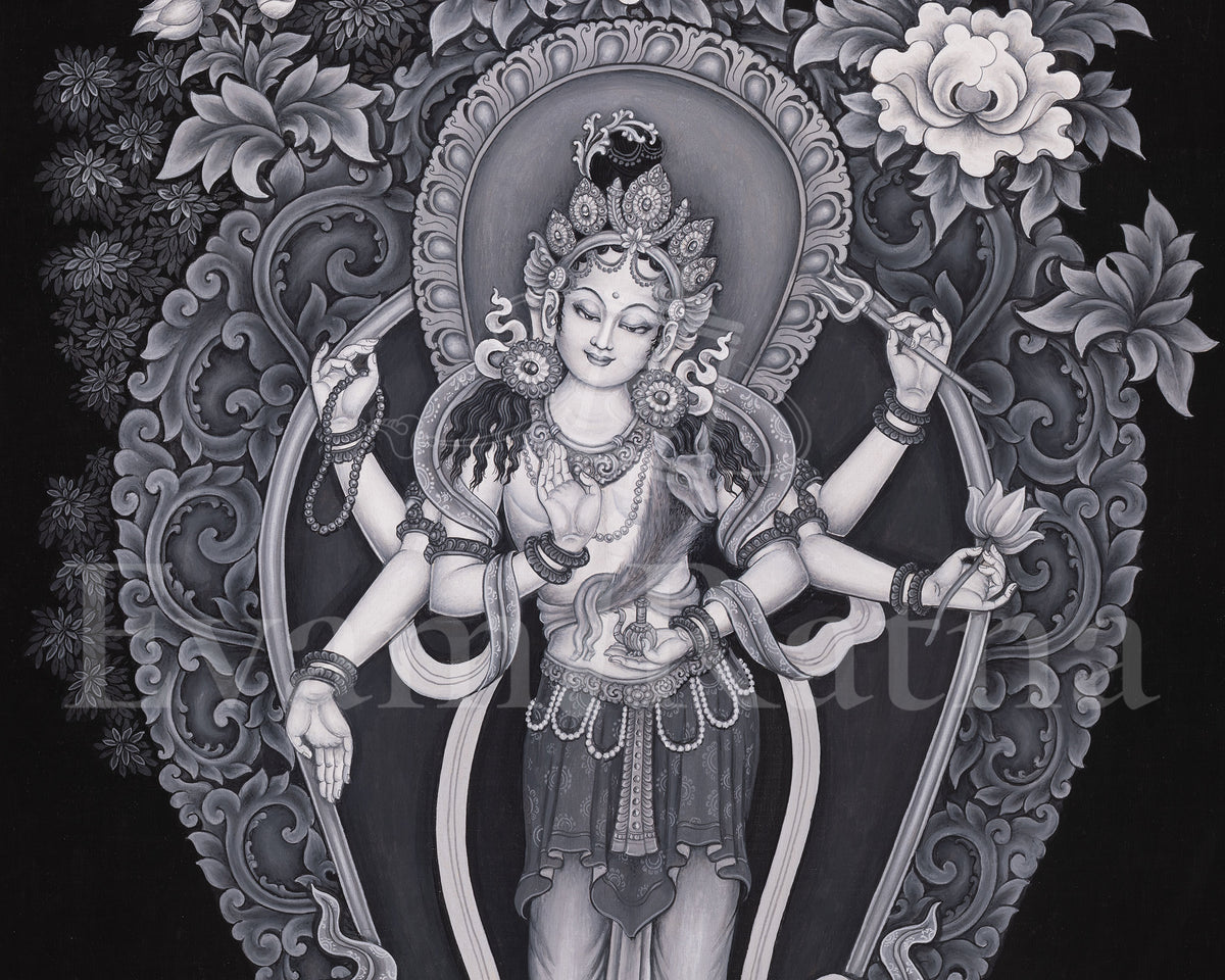 Black and White Bodhisattva Chenrezig Thangka | Avalokiteshvara Art | Compassion Deity
