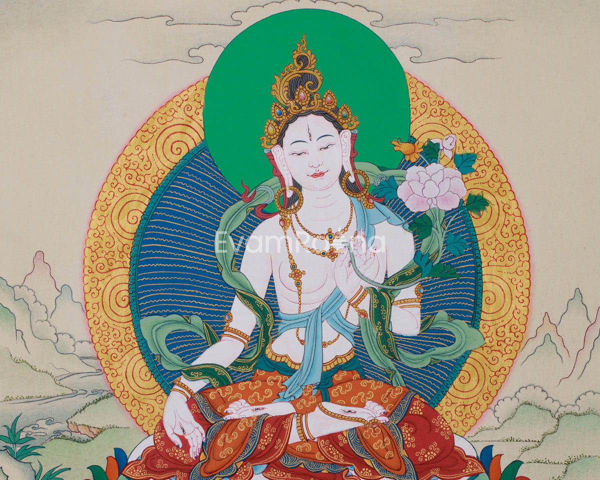 Original Tibetan White Tara Painting | Female Bodhisattva of Healing
