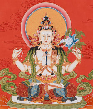 Thangka of Bodhisattva Chenrezig | Minimal Red Hues Artwok