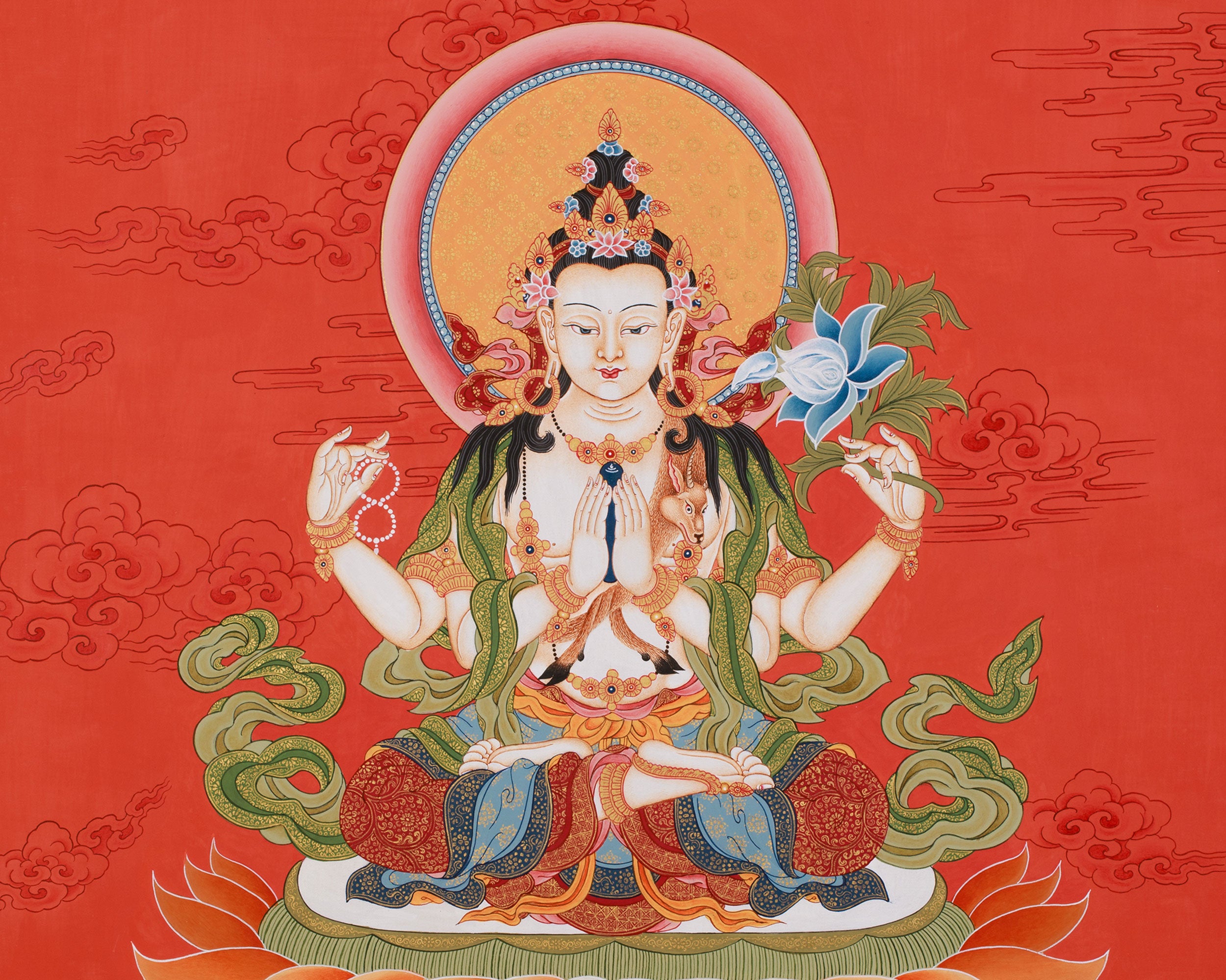 Thangka of Bodhisattva Chenrezig | Minimal Red Hues Artwok
