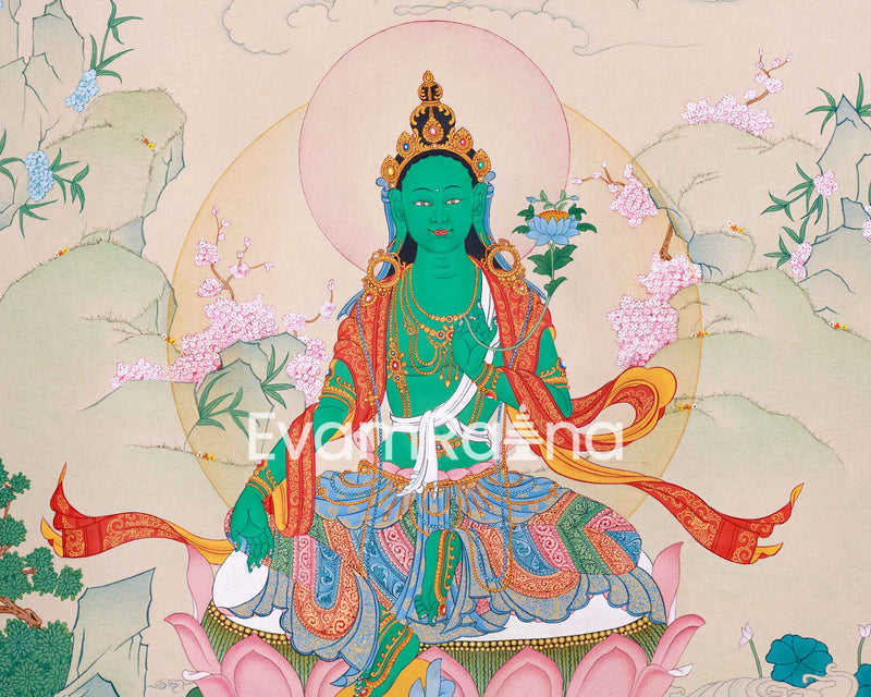 Divine Feminine Mother Tara Thangka | Sacred Tibetan Green Tara Artwork