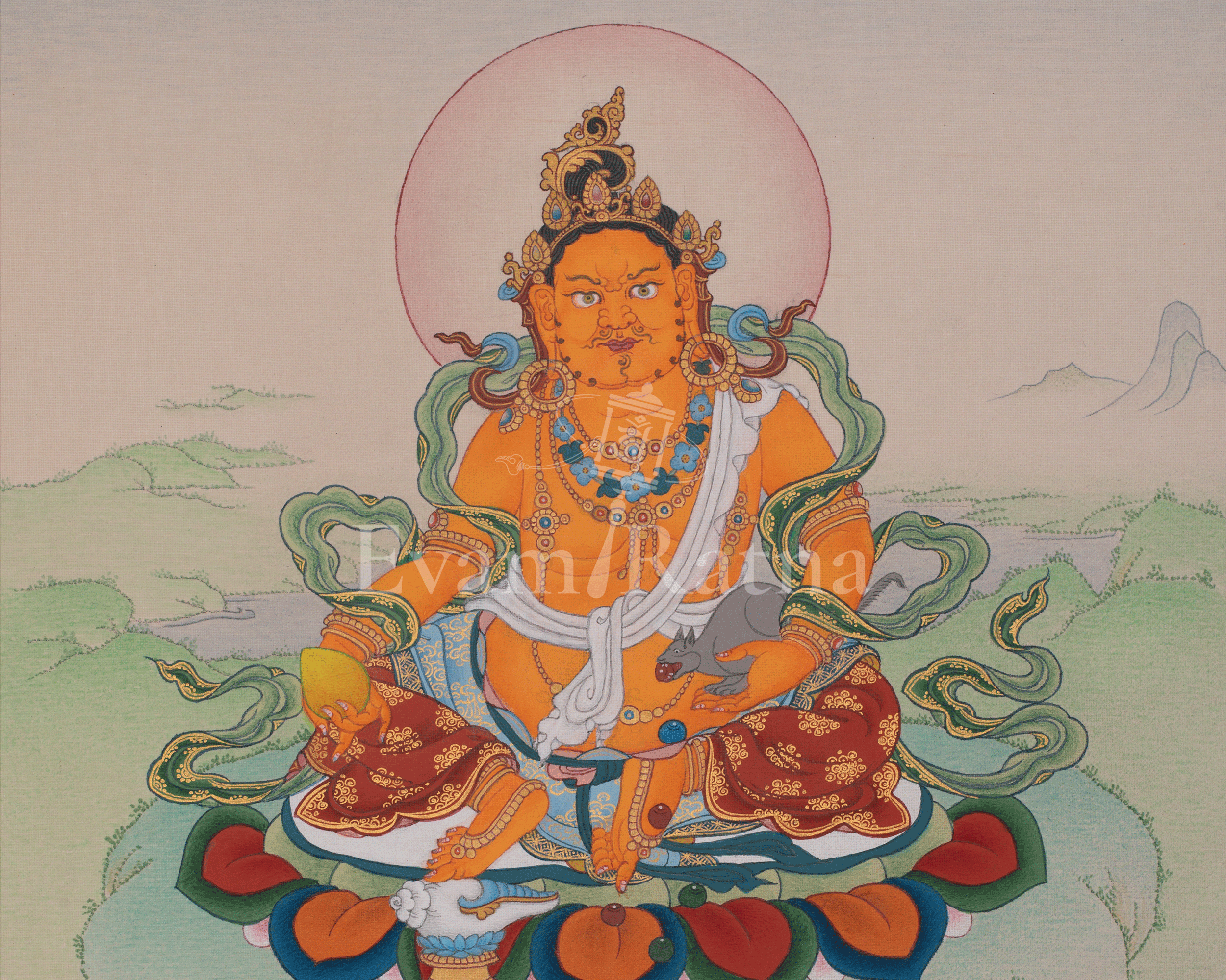 Dzambhala Spiritual Artwork | Tibetan Thangka of Wealth And Prosperity