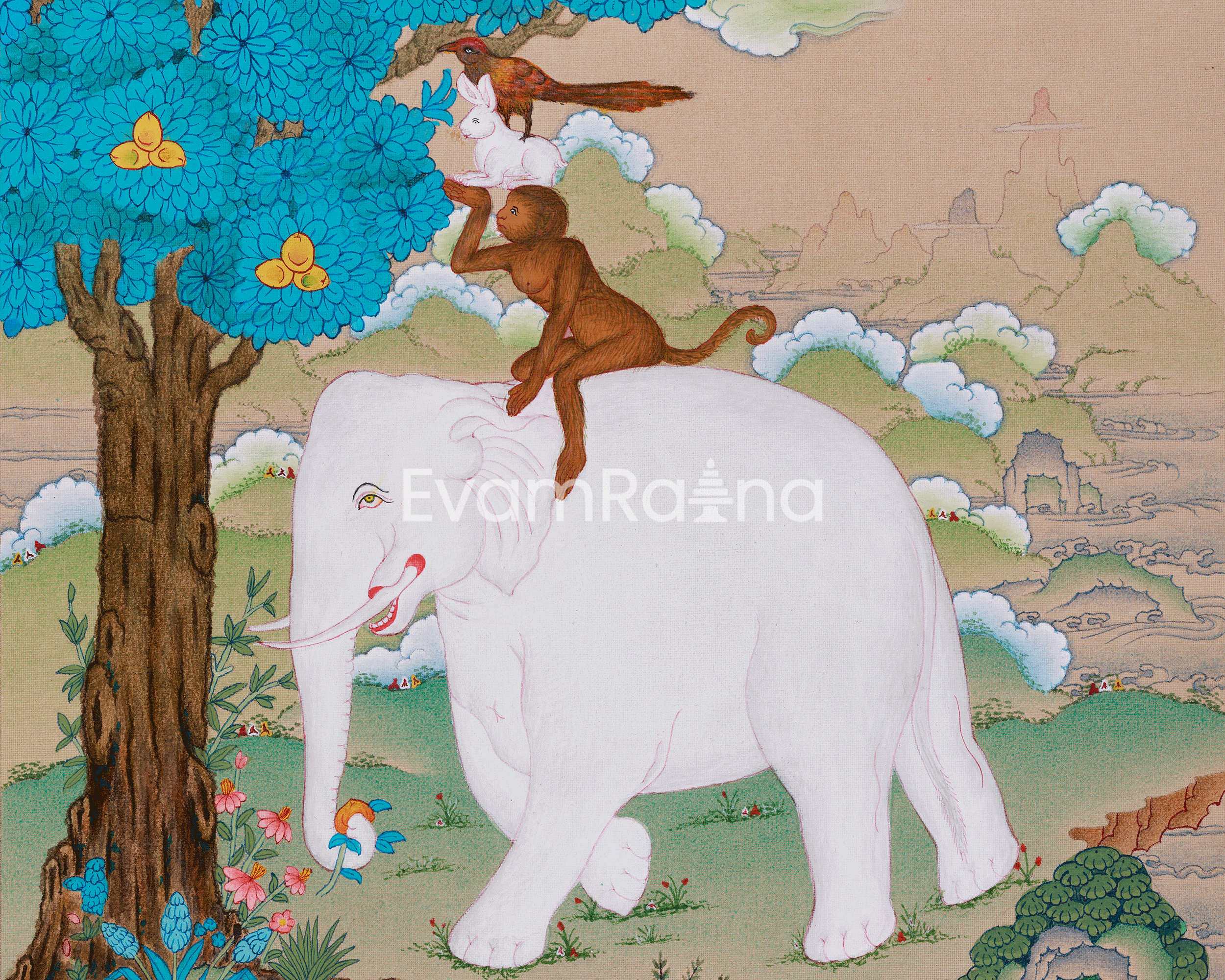 Four Harmonious Friends Thangka | Tibetan Art of Cooperation and Harmony