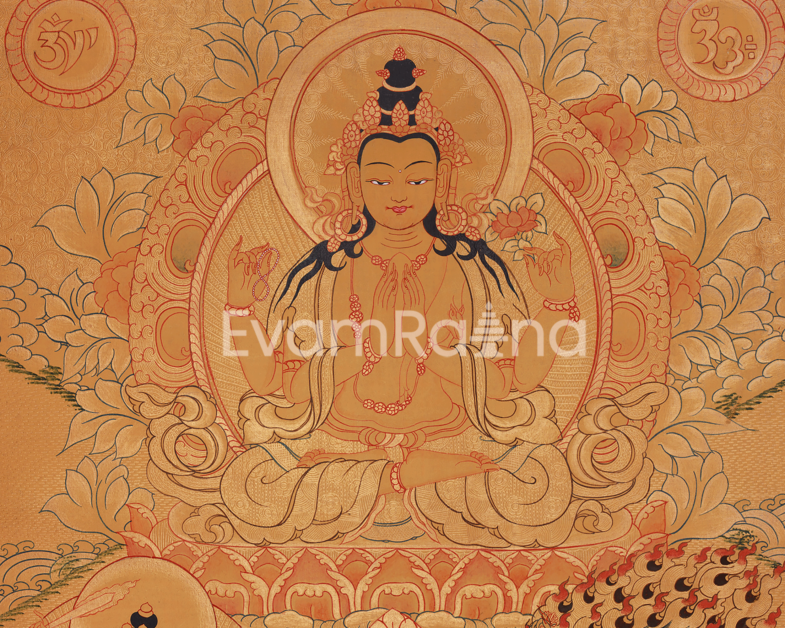 Four-Armed Chenrezig Compassion Thangka | Avalokiteshvara, Manjushri & Vajrpani Art | Meditation Altar