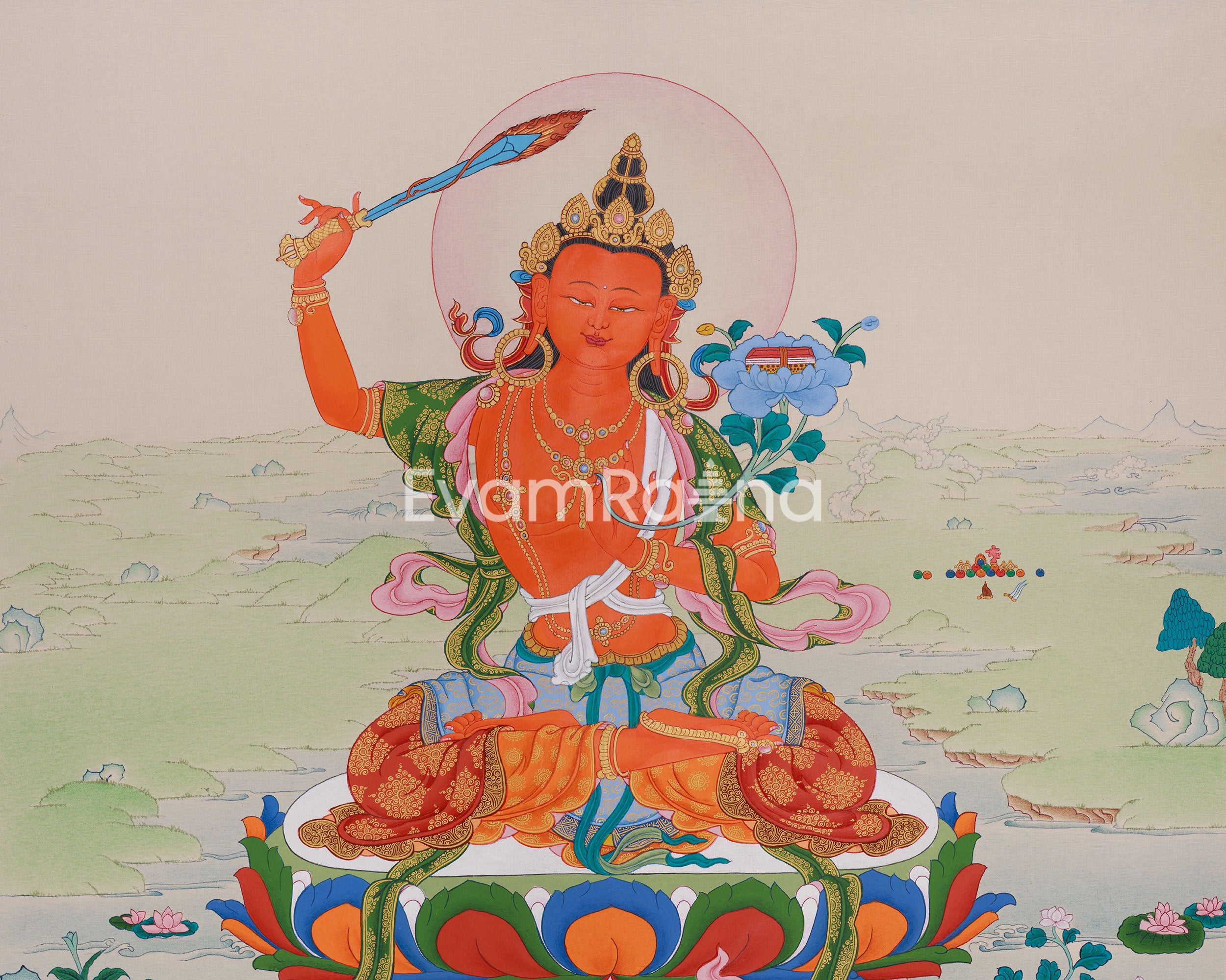 Traditional Thangka Of Manjushri | Wisdom Deity
