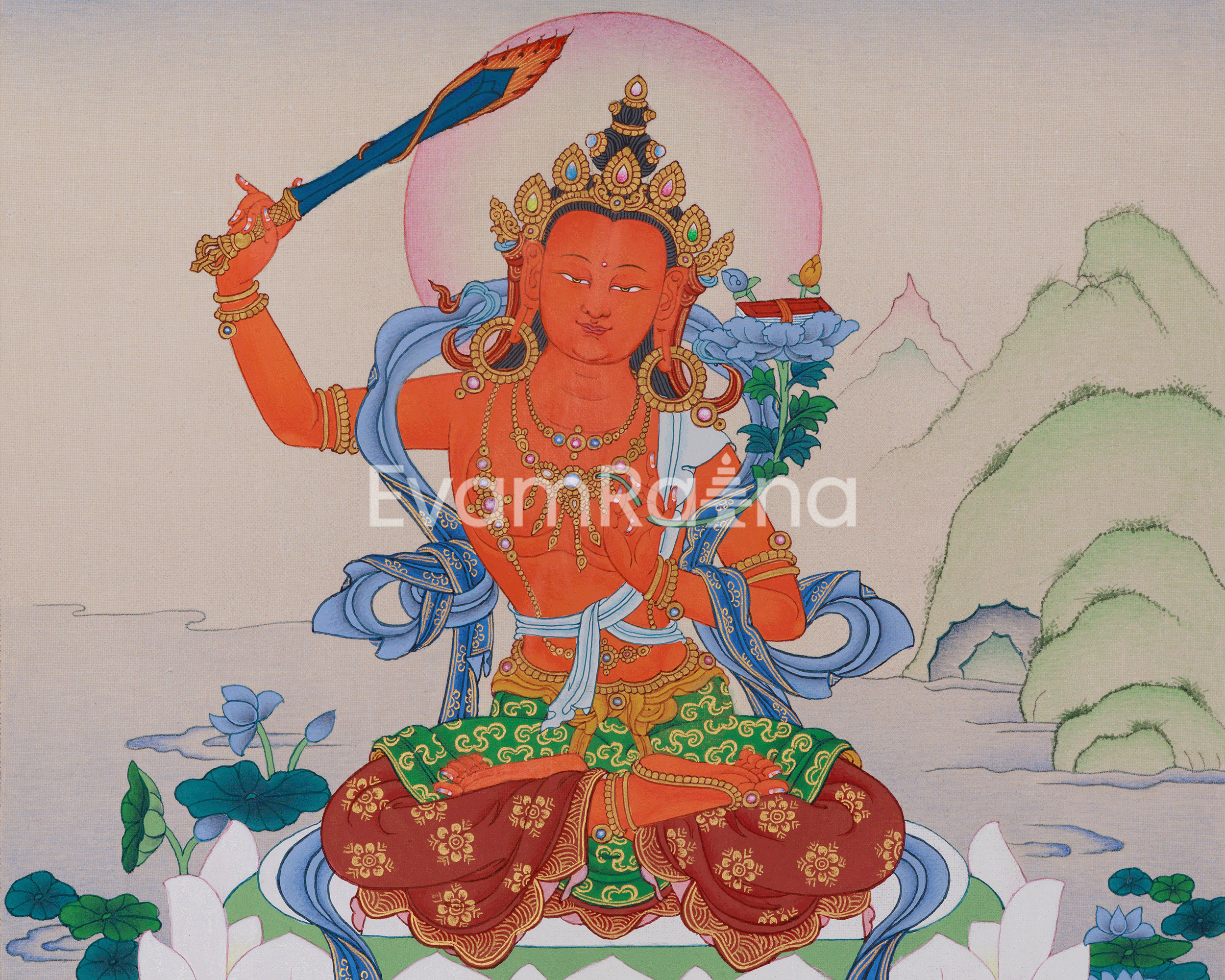 Handpainted Thangka of Manjushri | Embodiment of Wisdom