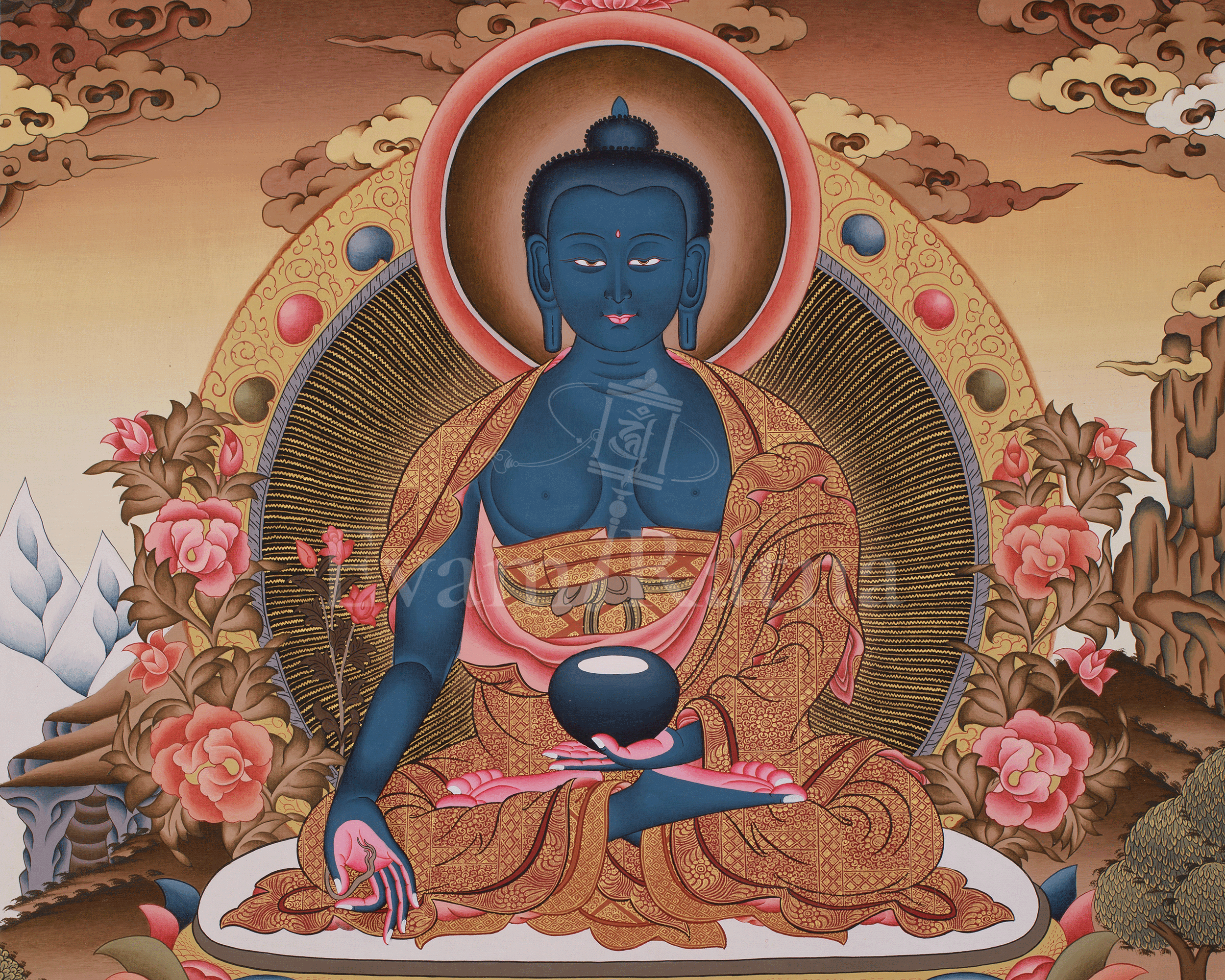 Traditional Thangka of Medicine Buddha with Amitabha | Healing Deity