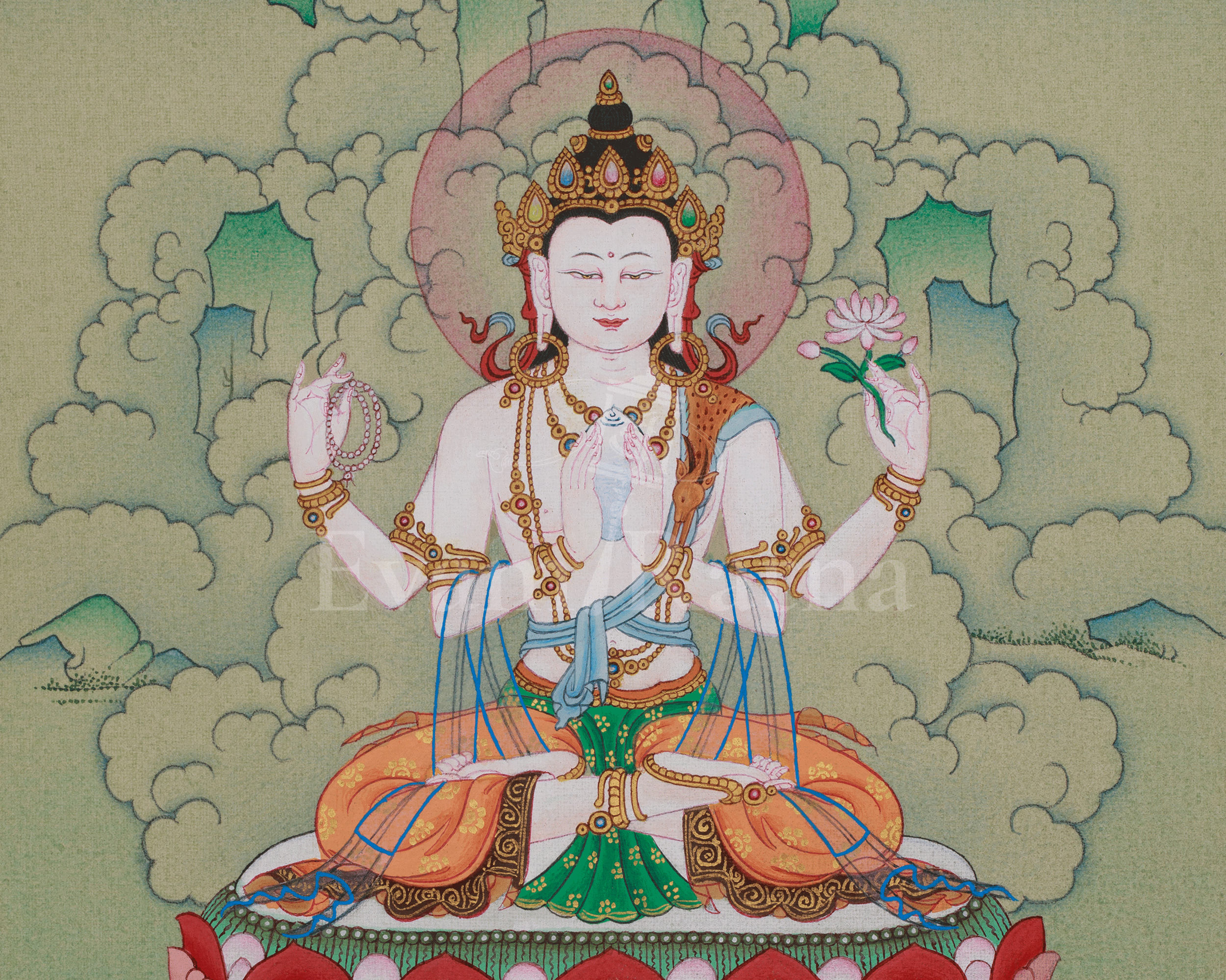 Chenrezig Buddhist Art | Sacred Compassion Buddha | Avalokiteshvara Thangka