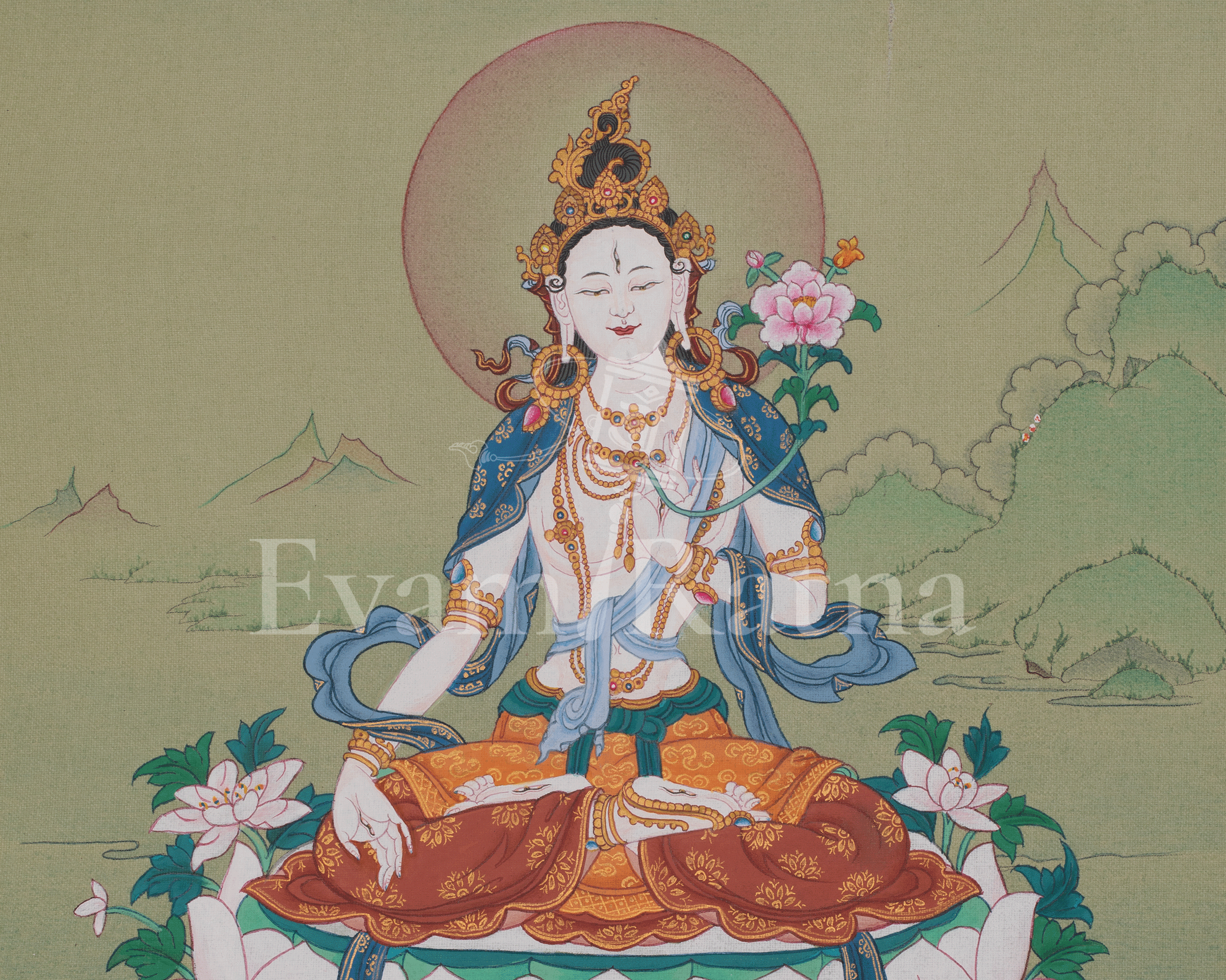 White Tara Compassion Symbol Thangka | Seven Eyed Deity | Himalayan Artwork