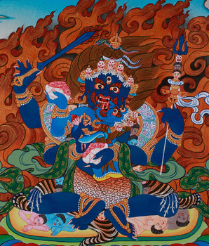 Four Armed Mahakala Thangka With Consort | Wrathful Dharmapala Wall Art