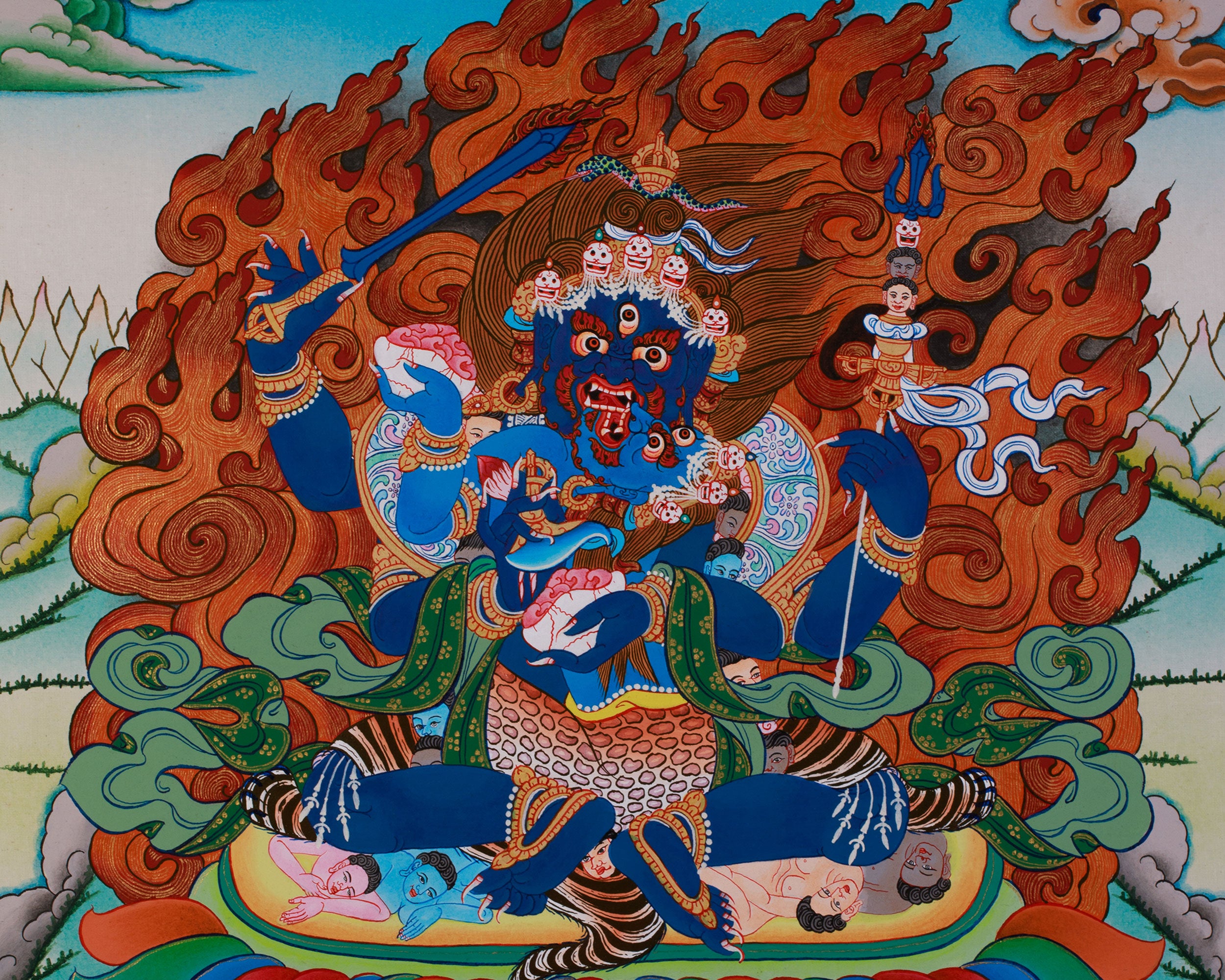 Four Armed Mahakala Thangka With Consort | Wrathful Dharmapala Wall Art