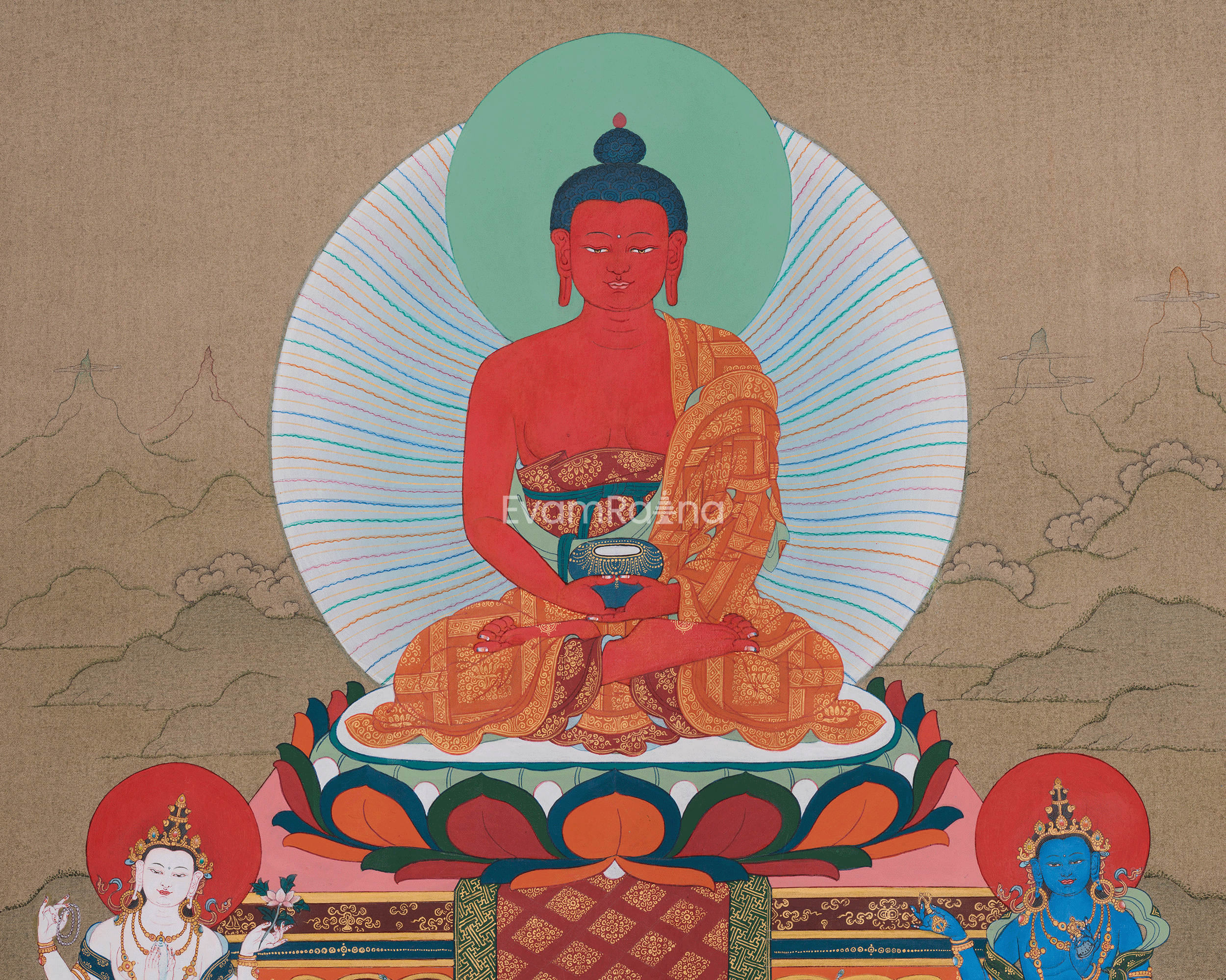Amitabha Buddha with Chenrezig and Vajrapani | Tibetan Bodhisattva Thangka