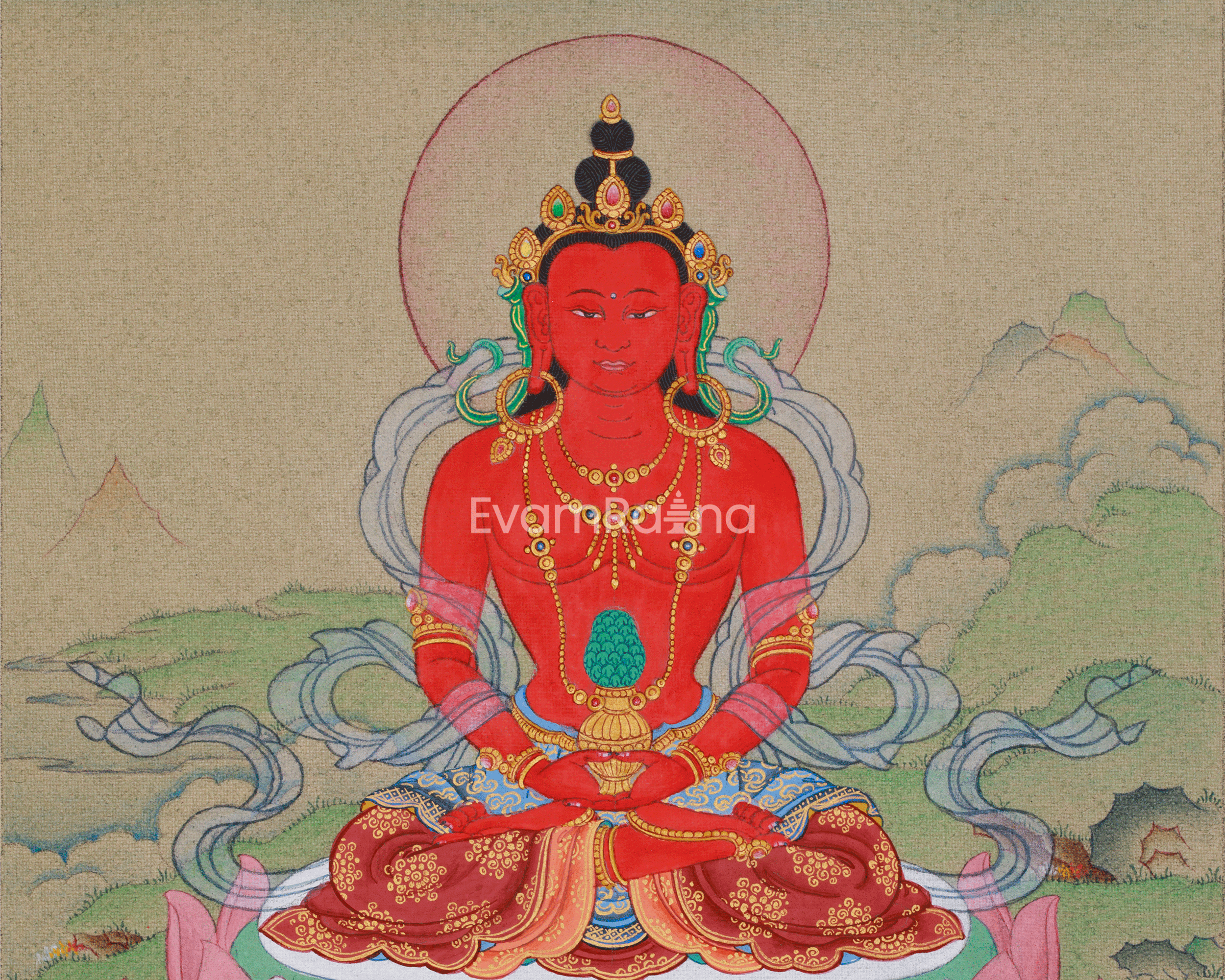 Compact Thangka of Amitayus Buddha | Red Buddha of Longevity