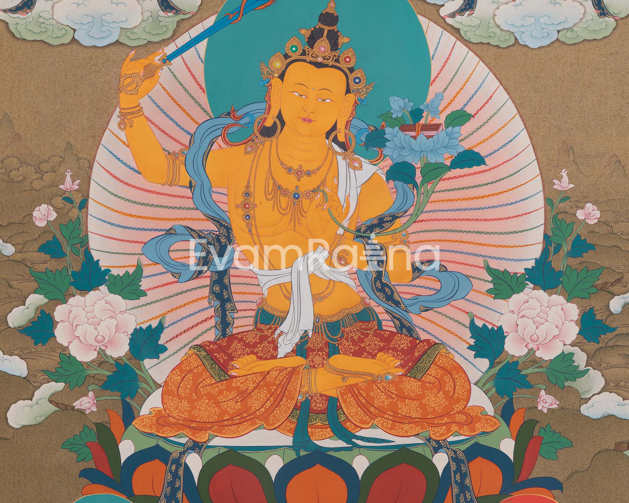 Explore The Compassion With Manjushree Thangka Print | Bodhisattva Artwork | Traditional Decor