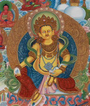 Yellow Dzambhala, The Wealth Deity Thangka | Prosperity Thangka With Five Dhyani Buddhas