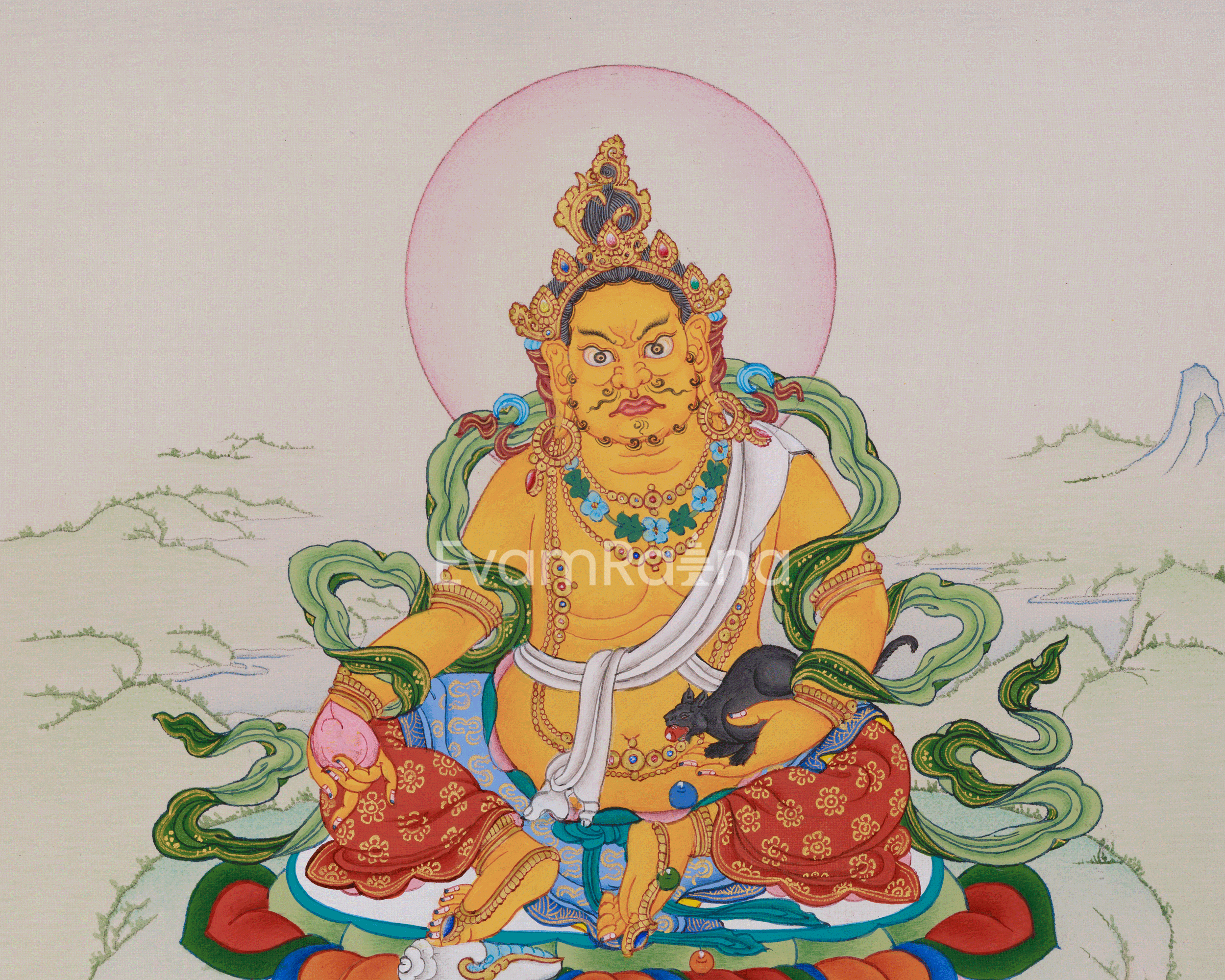 Hand-Painted Yellow Dzambhala Thangka | The Buddha of Prosperity and Fortune