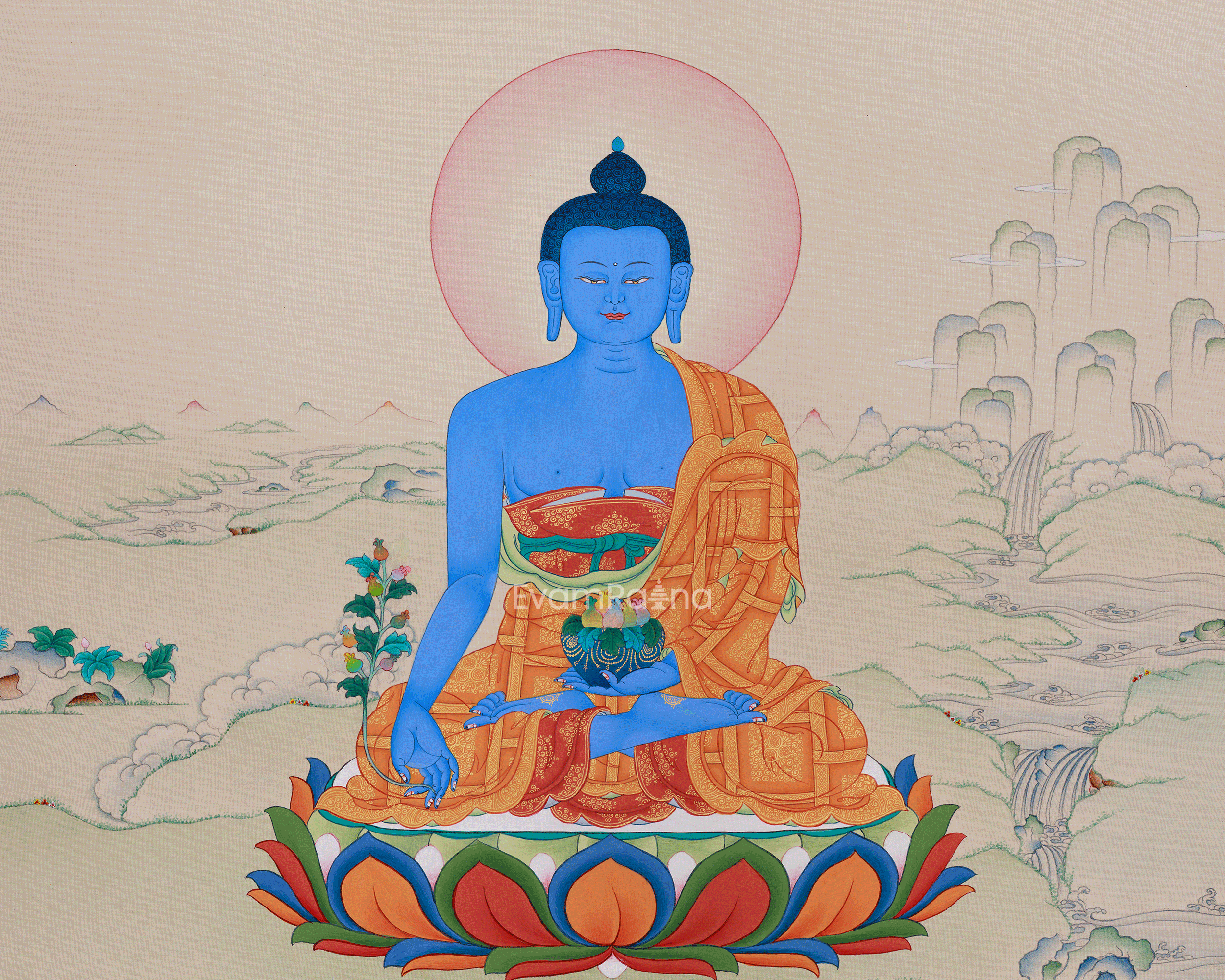 Bhaisajyaguru, the Healing Buddha | A Thangka for Health, Well-being, and Spiritual Peace