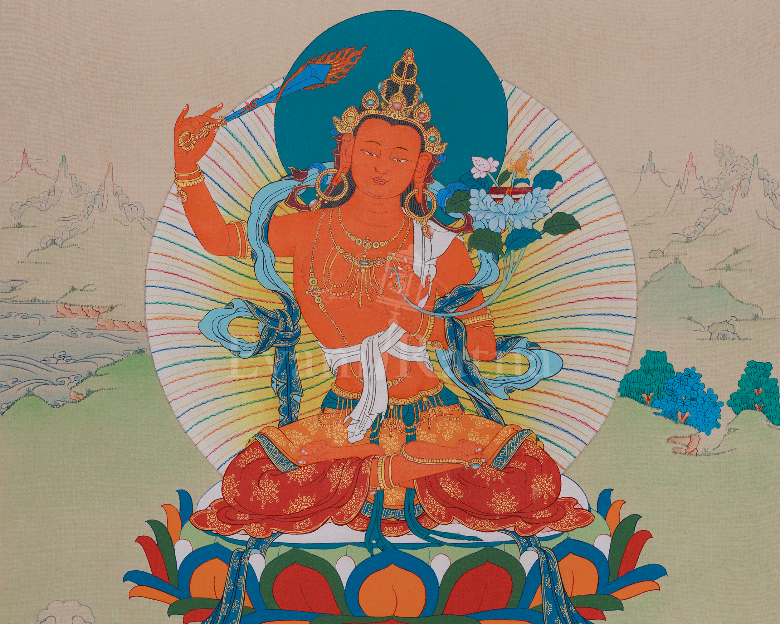 Manjushri Wisdom Deity Art | Sacred Buddhist Thangka | Bodhisattva Wall Decor