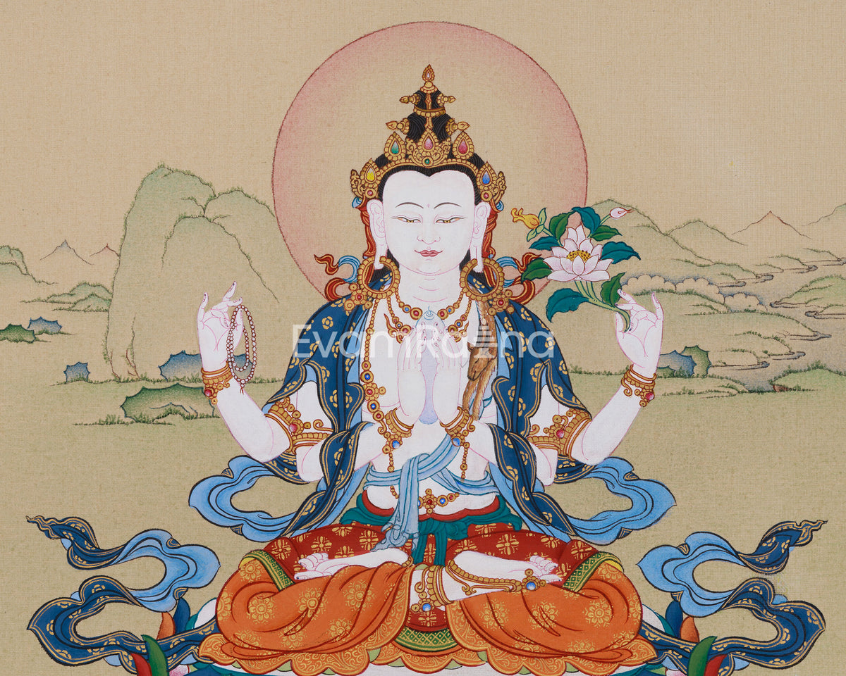 Four-Armed Chenrezig Buddha Thangka | A Symbol of Compassion | Includes Brocade