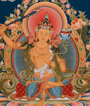 Hand-Painted Bodhisattva Manjushree Thangka | Large Buddhist Artwork of Wisdom Buddha