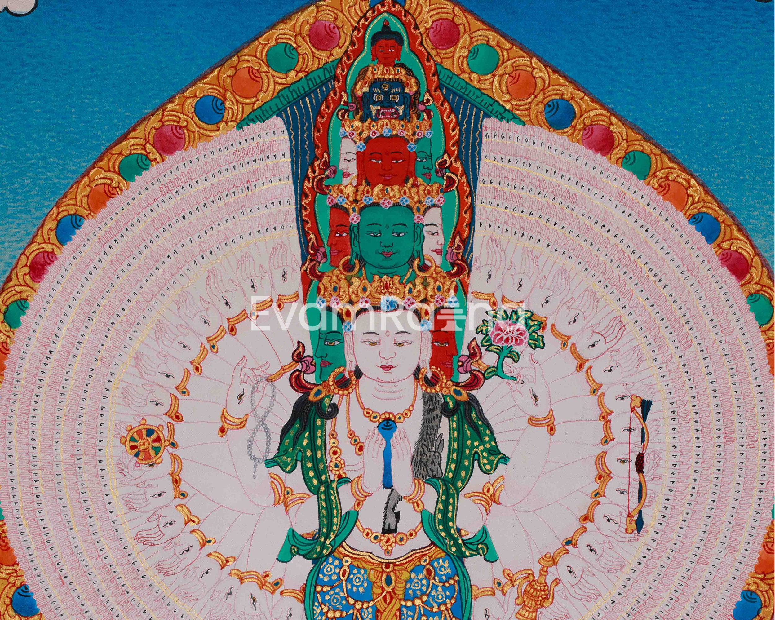 Tibetan 1000 Armed Chenrezig Thangka | Avalokiteshvara Art | Compassion Deity