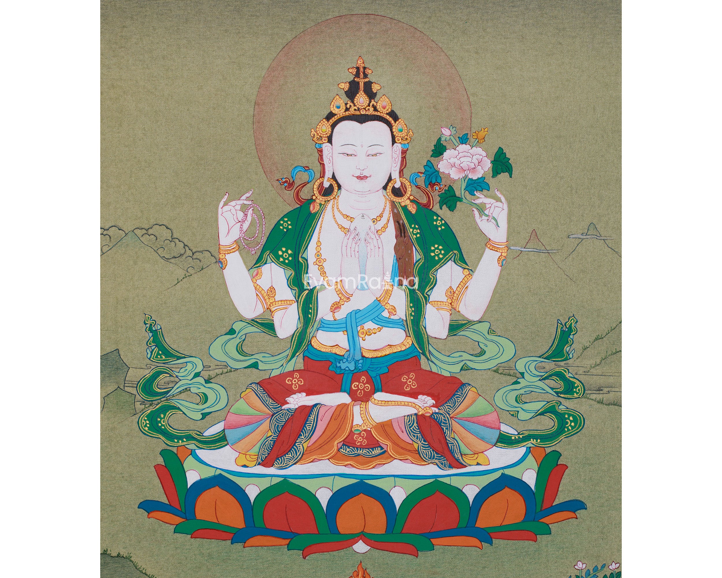 12 Inch Chenrezig Buddha Thangka | Embodiment of Infinite Compassion