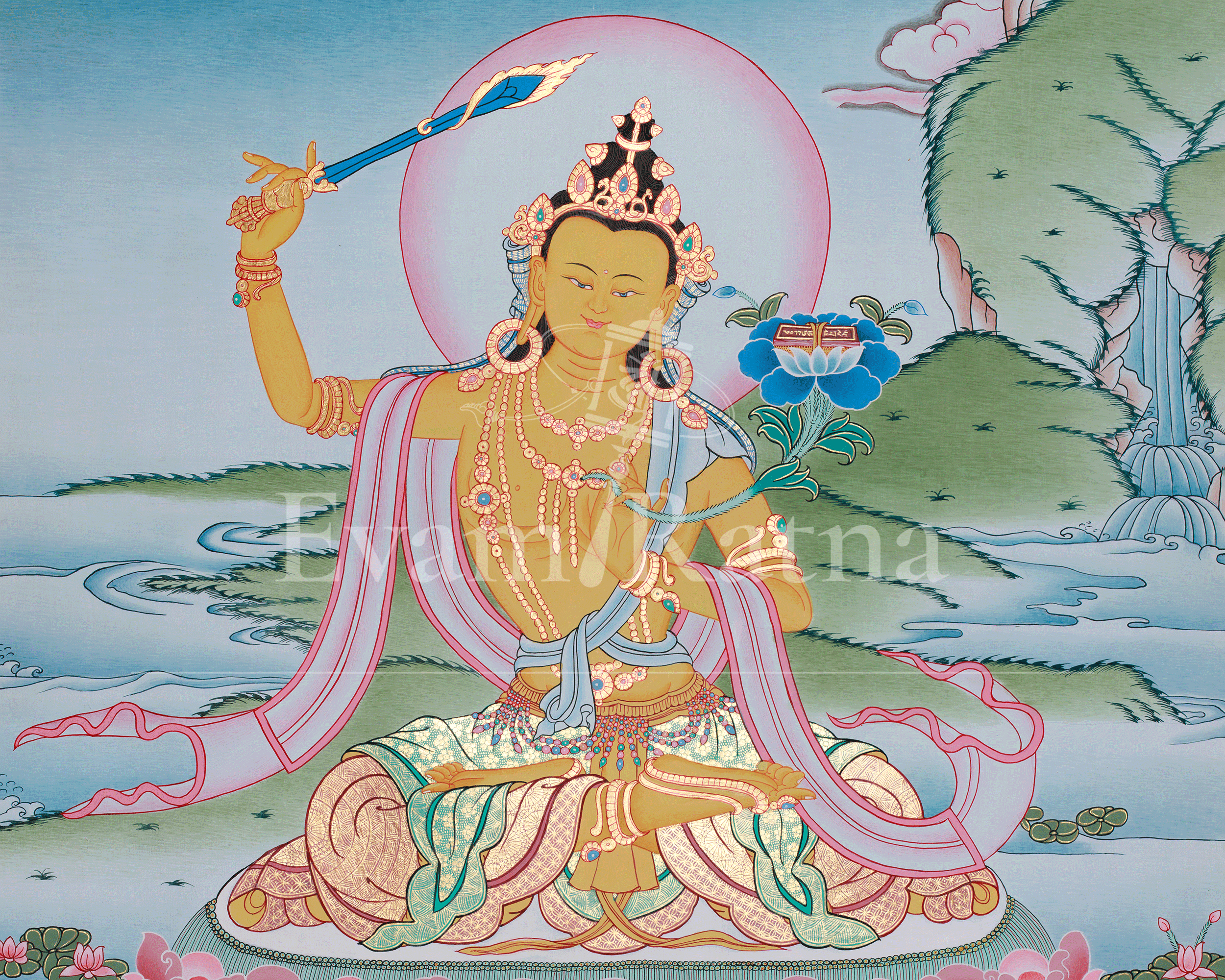 Peaceful Manjushri Thangka | Deity of Knowledge and Insight | Awakened Intelligence