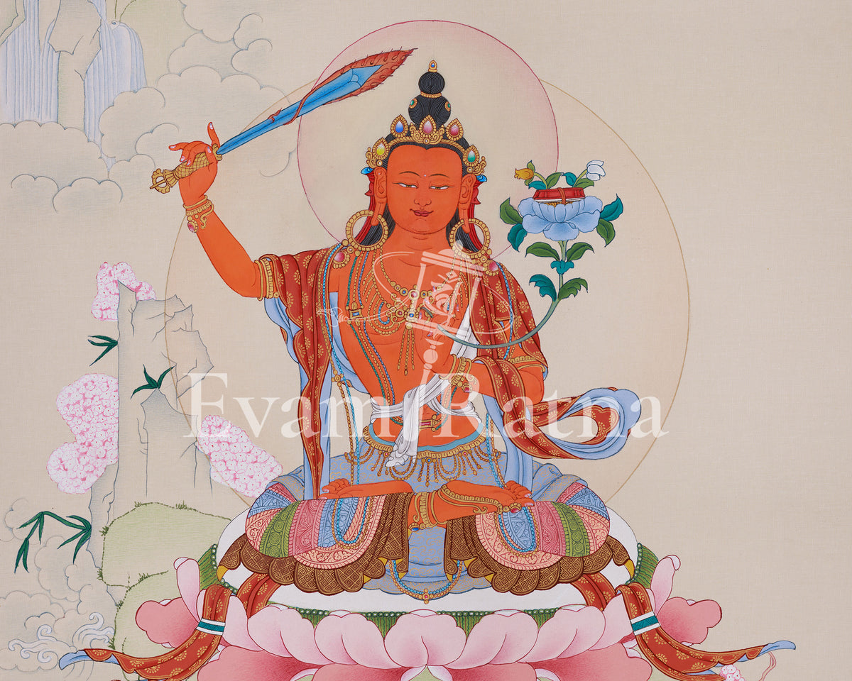 Beautifully Handmade Bodhisattva Manjushri Thangka | Buddha of Knowledge and Wisdom