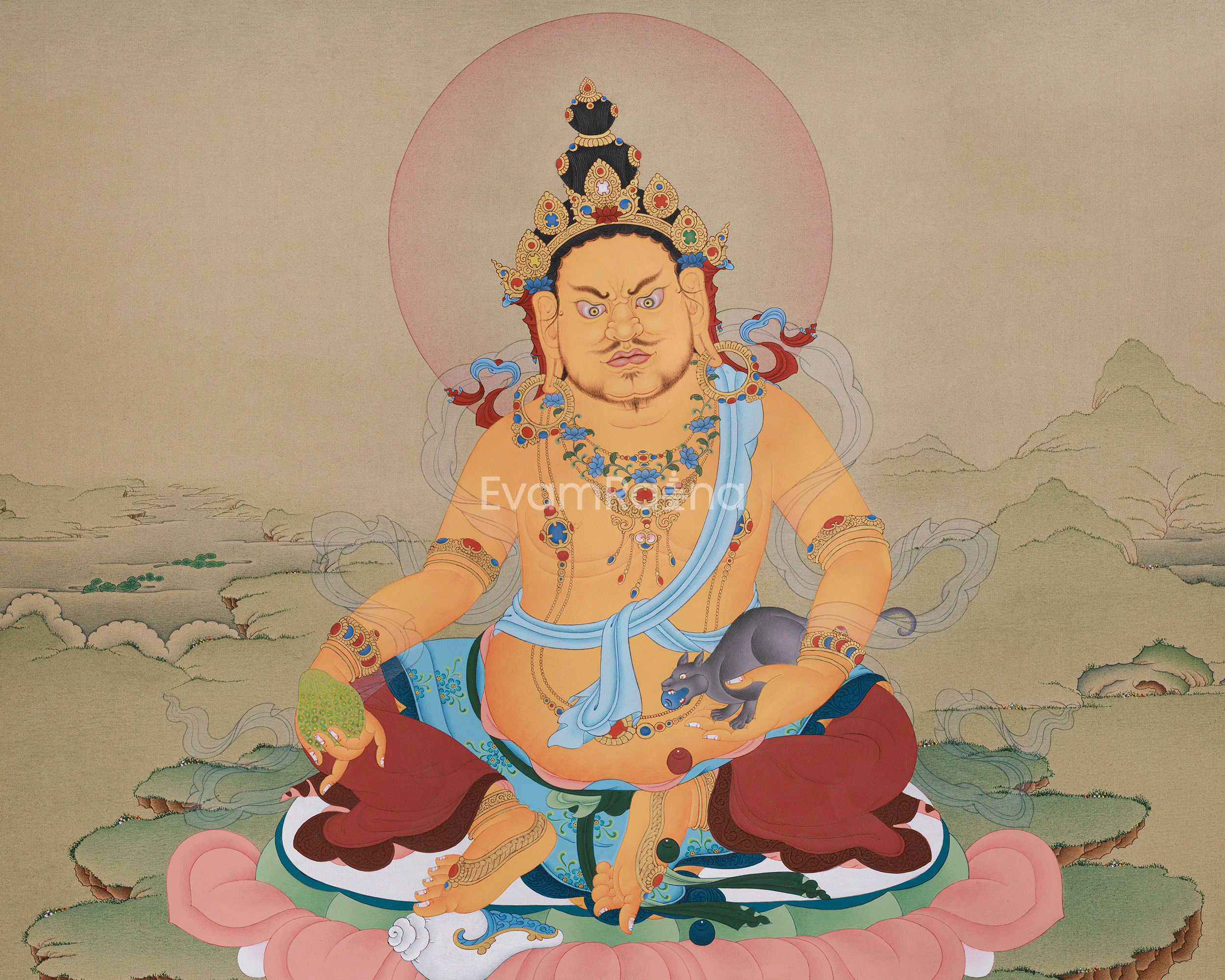40 Inches Dzambhala Thangka | The Deity of Wealth, Prosperity, and Spiritual Abundance