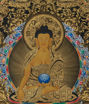 Gold Thangka of Shakyamuni Buddha | Five Dhyani Buddhas With Two Disciples