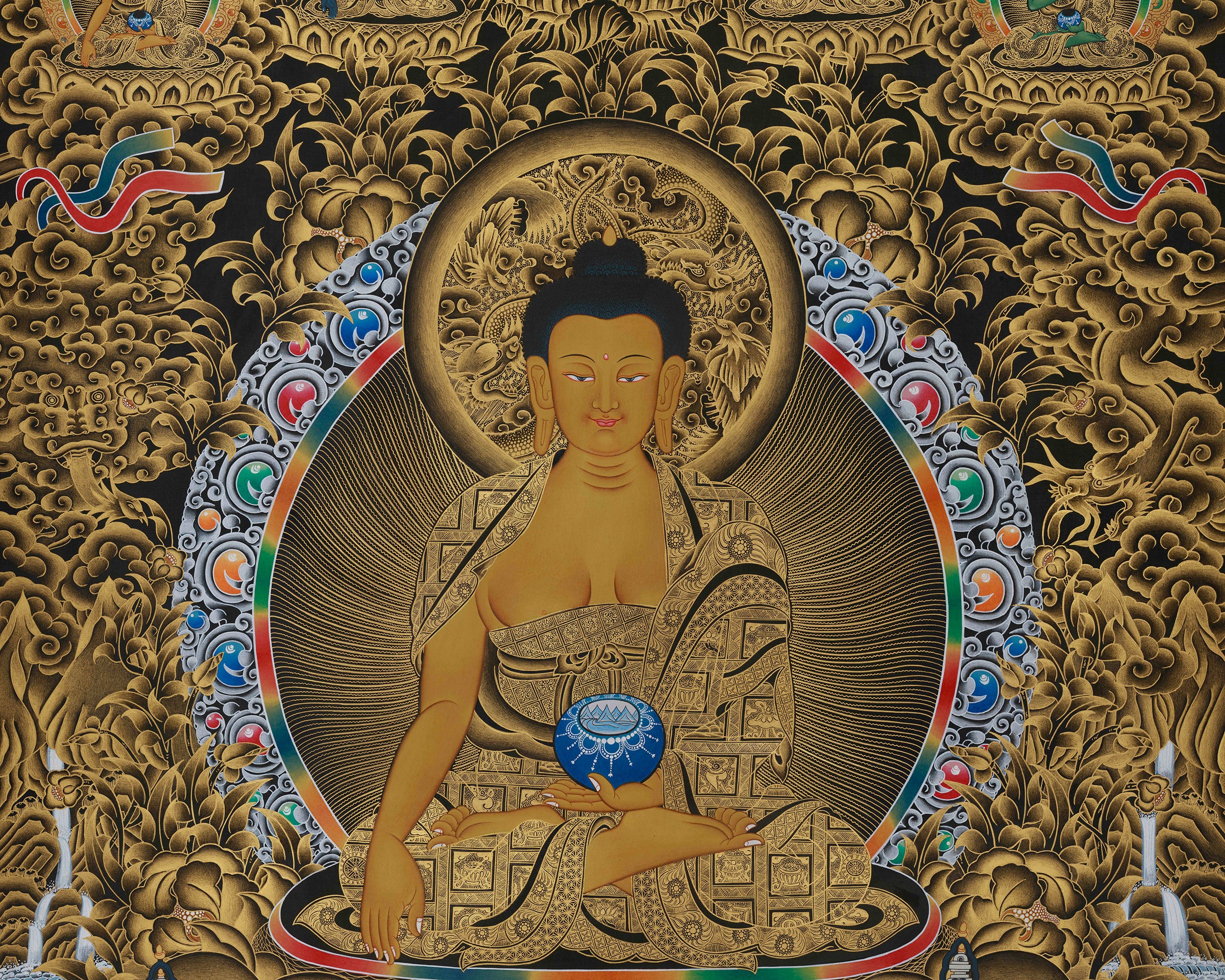 Gold Thangka of Shakyamuni Buddha | Five Dhyani Buddhas With Two Disciples